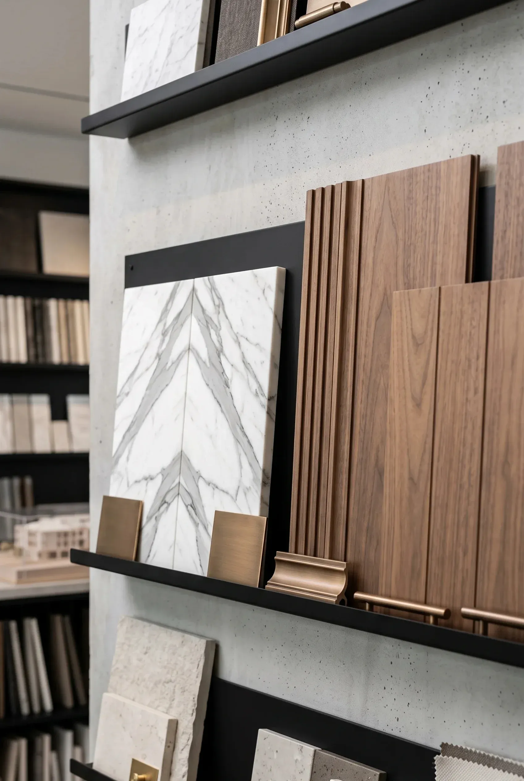 Pared de biblioteca de materiales con mármol Calacatta en libro, muestras de madera, molduras y herrajes metálicos cálidos, estudio de diseño de RBA Residences en Zapopan.