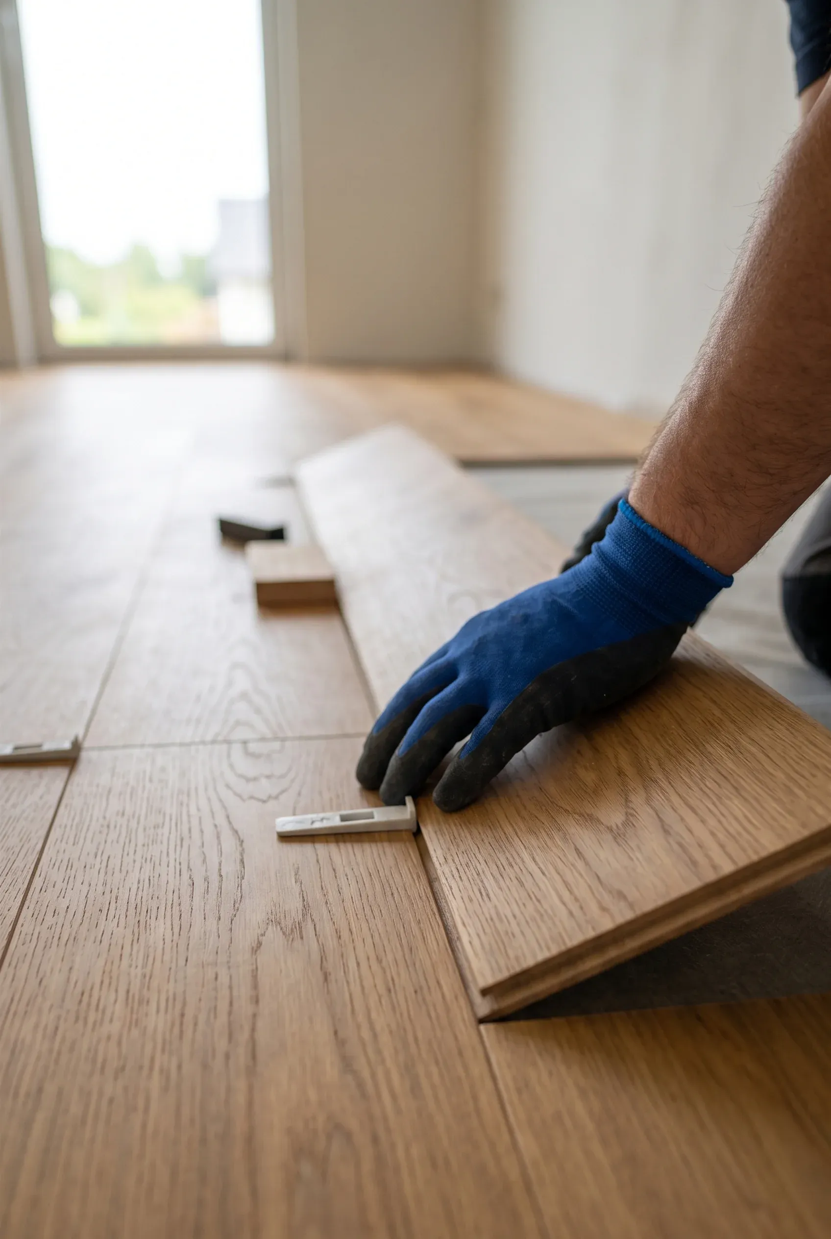 Instalador de pisos ajustando un listón tipo madera con cuñas de nivelación durante la instalación interior, acabados de pisos de RBA Residences en Zapopan.