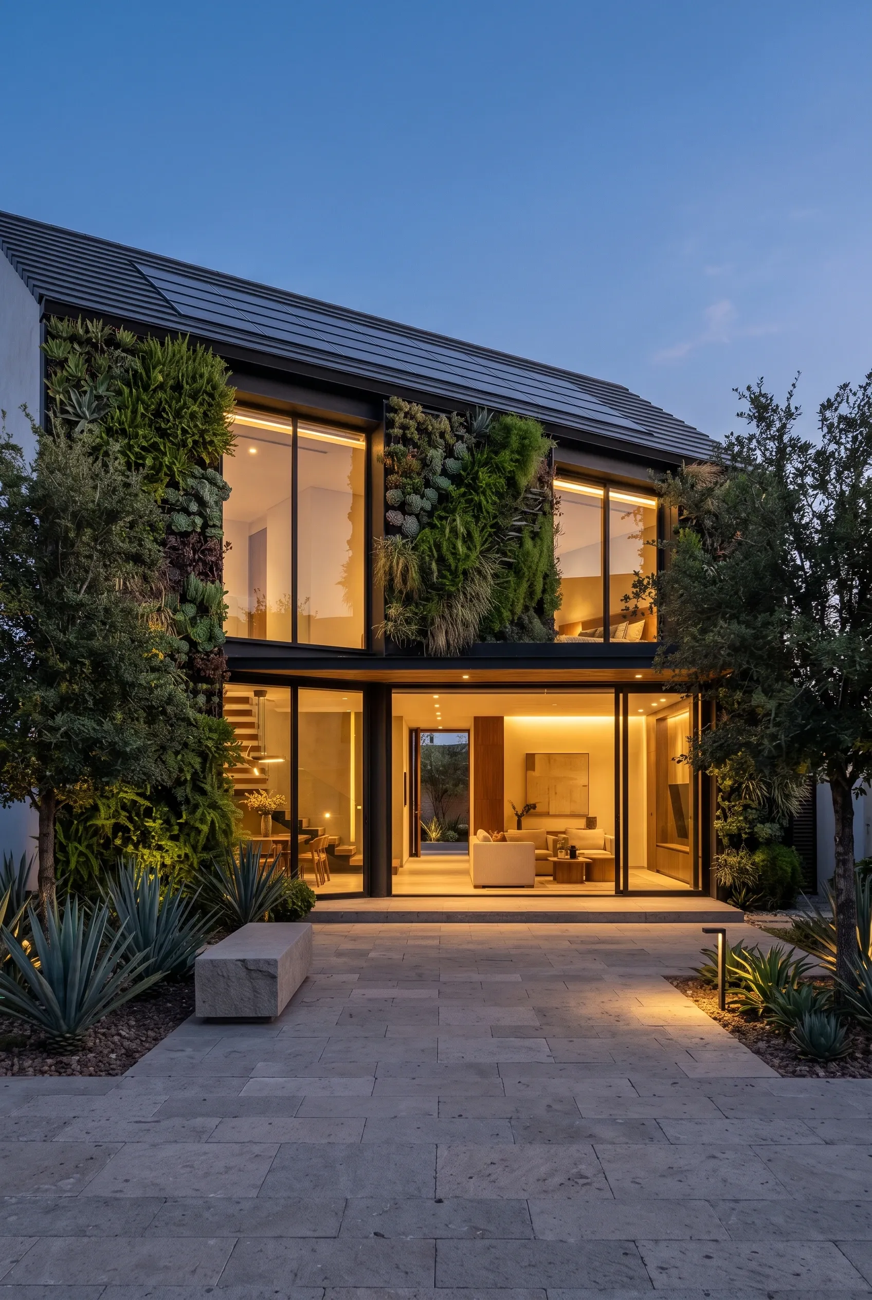 Vista crepuscular de casa ecológica moderna con muros verdes verticales, paneles solares, iluminación cálida y puertas de vidrio hacia un patio, diseño de RBA Residences en Zapopan.