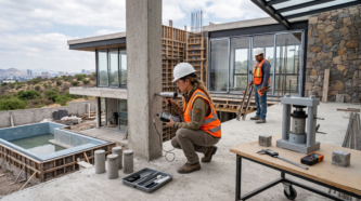 Ingeniero de control de calidad probando la resistencia de una columna de concreto con equipo ultrasónico en una obra moderna, rodeado de cilindros de prueba y equipo de laboratorio, garantía estructural de RBA Residences en Zapopan.