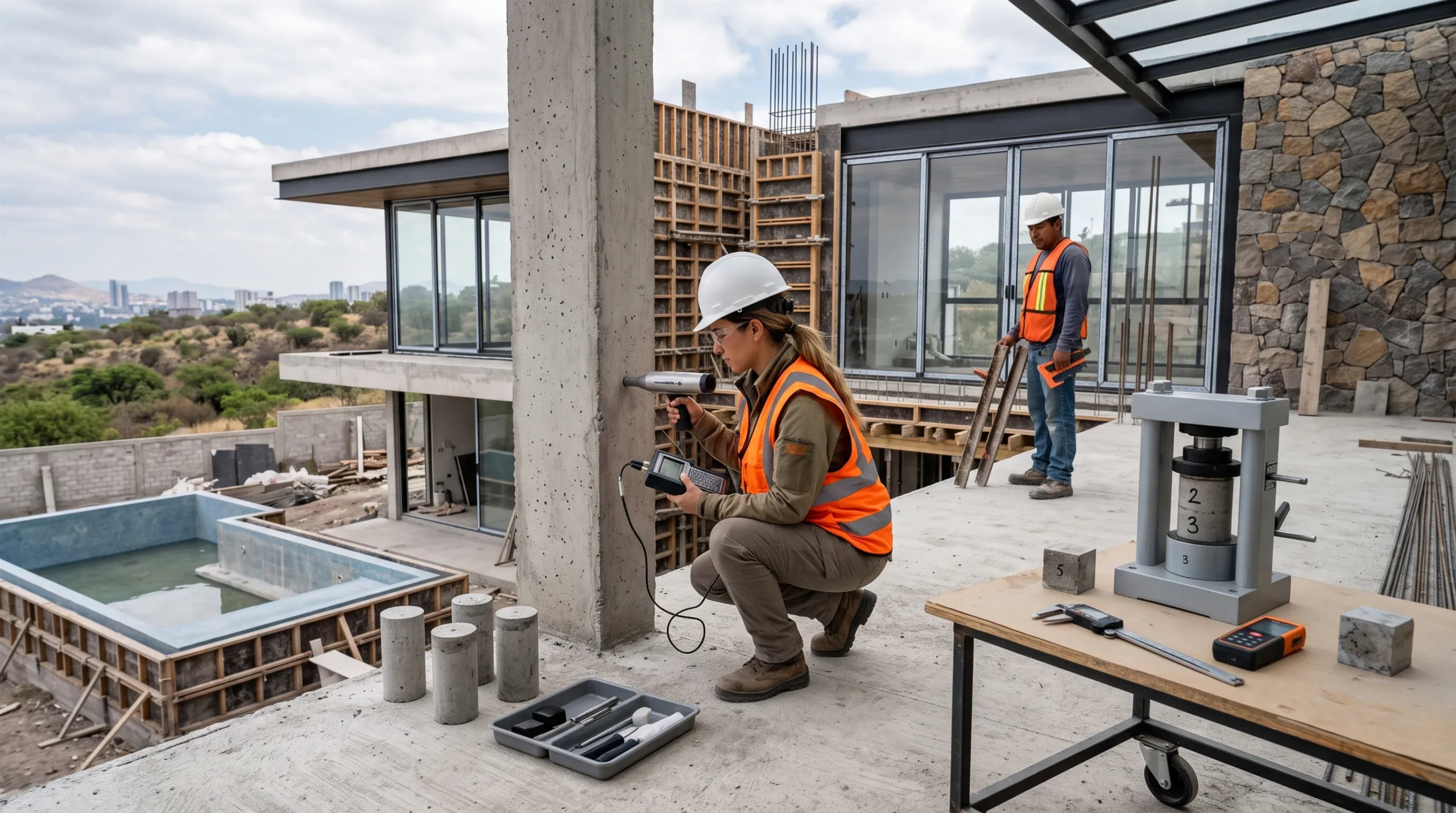 Ingeniero de control de calidad probando la resistencia de una columna de concreto con equipo ultrasónico en una obra moderna, rodeado de cilindros de prueba y equipo de laboratorio, garantía estructural de RBA Residences en Zapopan.