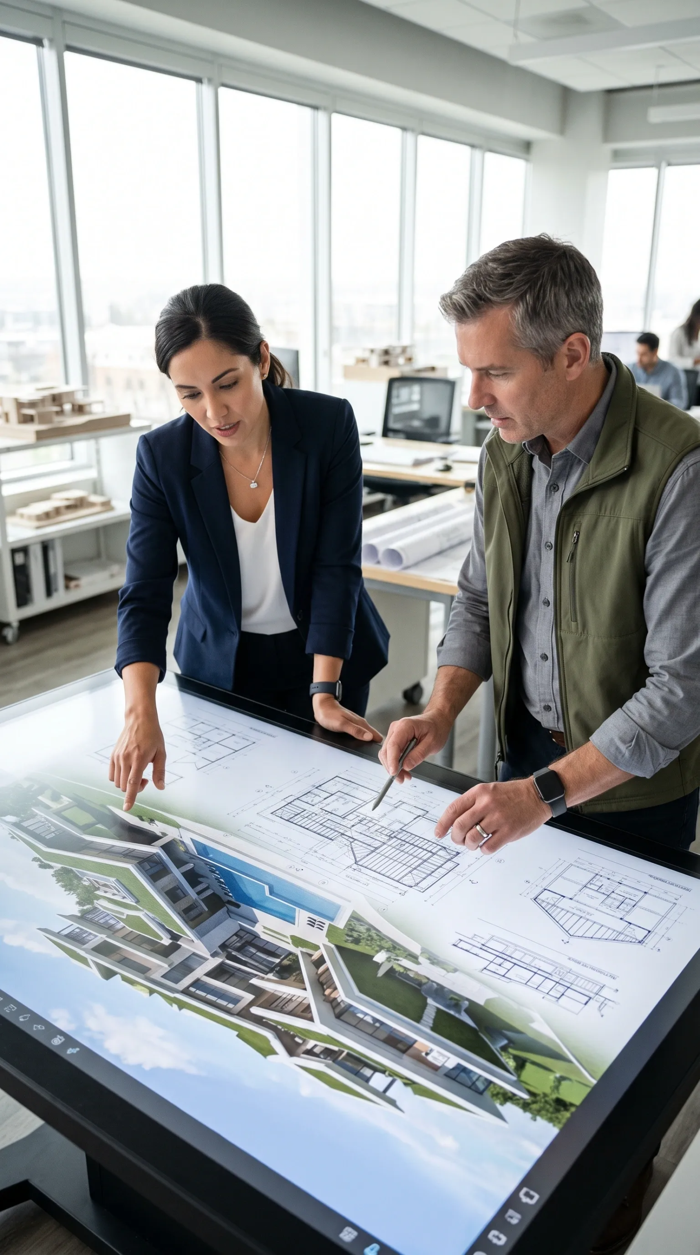 Arquitecto y gerente de proyecto revisando planos y renders 3D en una mesa táctil digital interactiva en un estudio de diseño, revisión colaborativa de RBA Residences en Zapopan.