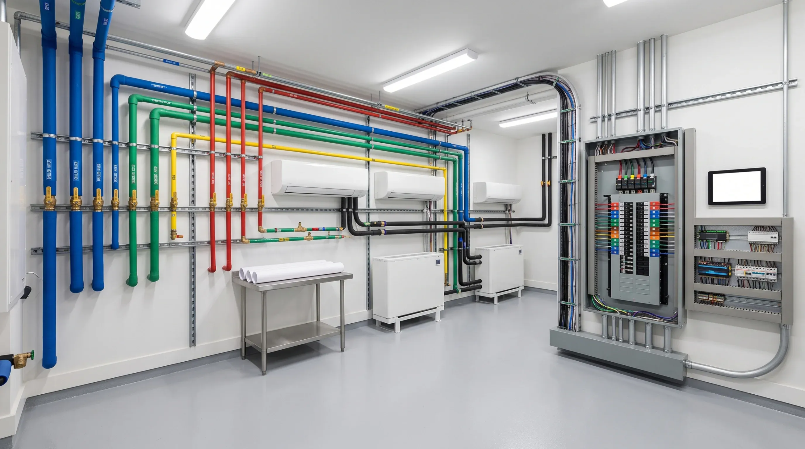 Cuarto de m&aacute;quinas limpio con tuber&iacute;as MEP codificadas por color, unidades HVAC y un panel el&eacute;ctrico abierto, infraestructura organizada de RBA Residences en Zapopan.