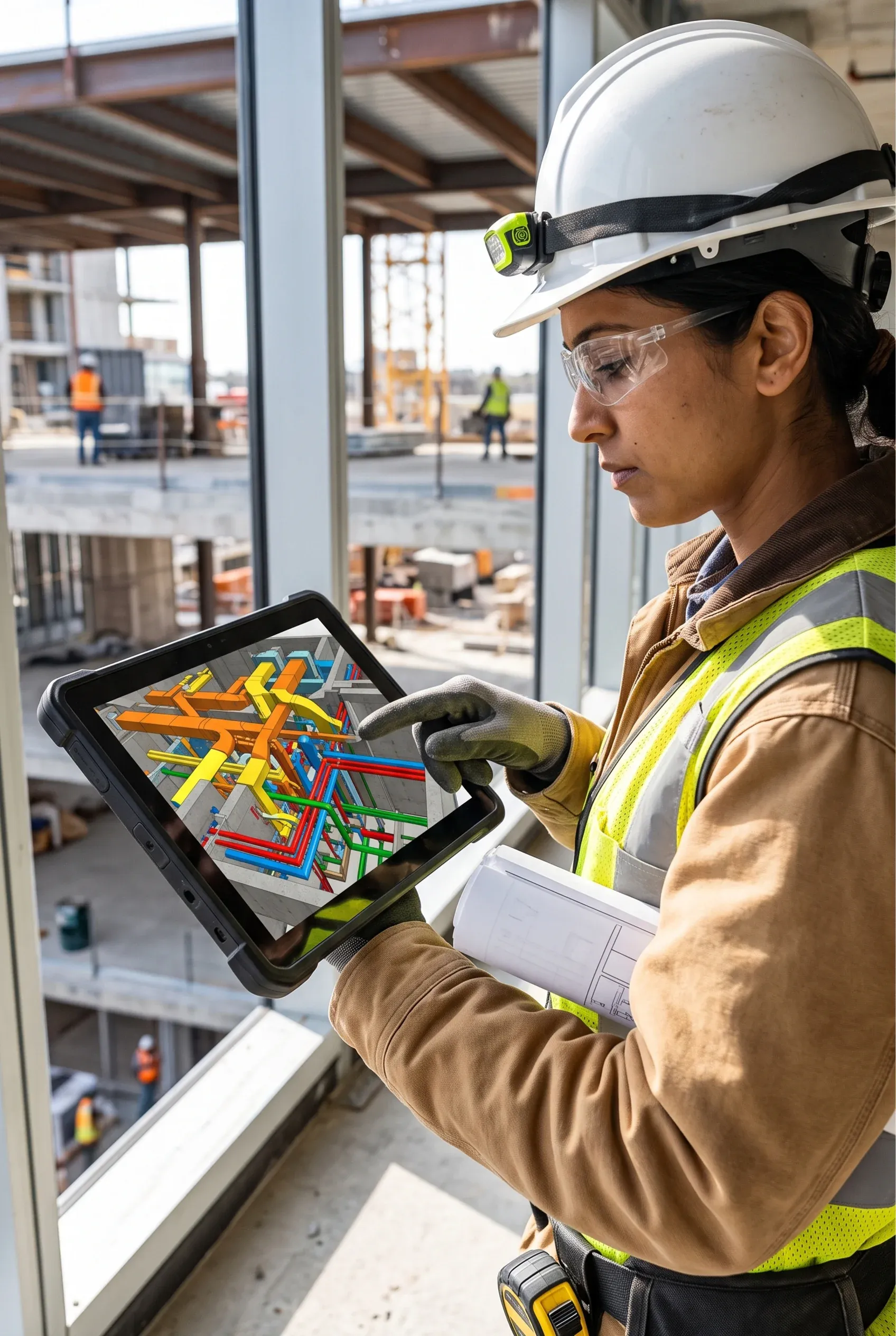 Ingeniero revisando un modelo BIM 3D de tuberías MEP y ductos en una tableta en un sitio de construcción, coordinación en obra de RBA Residences en Zapopan.