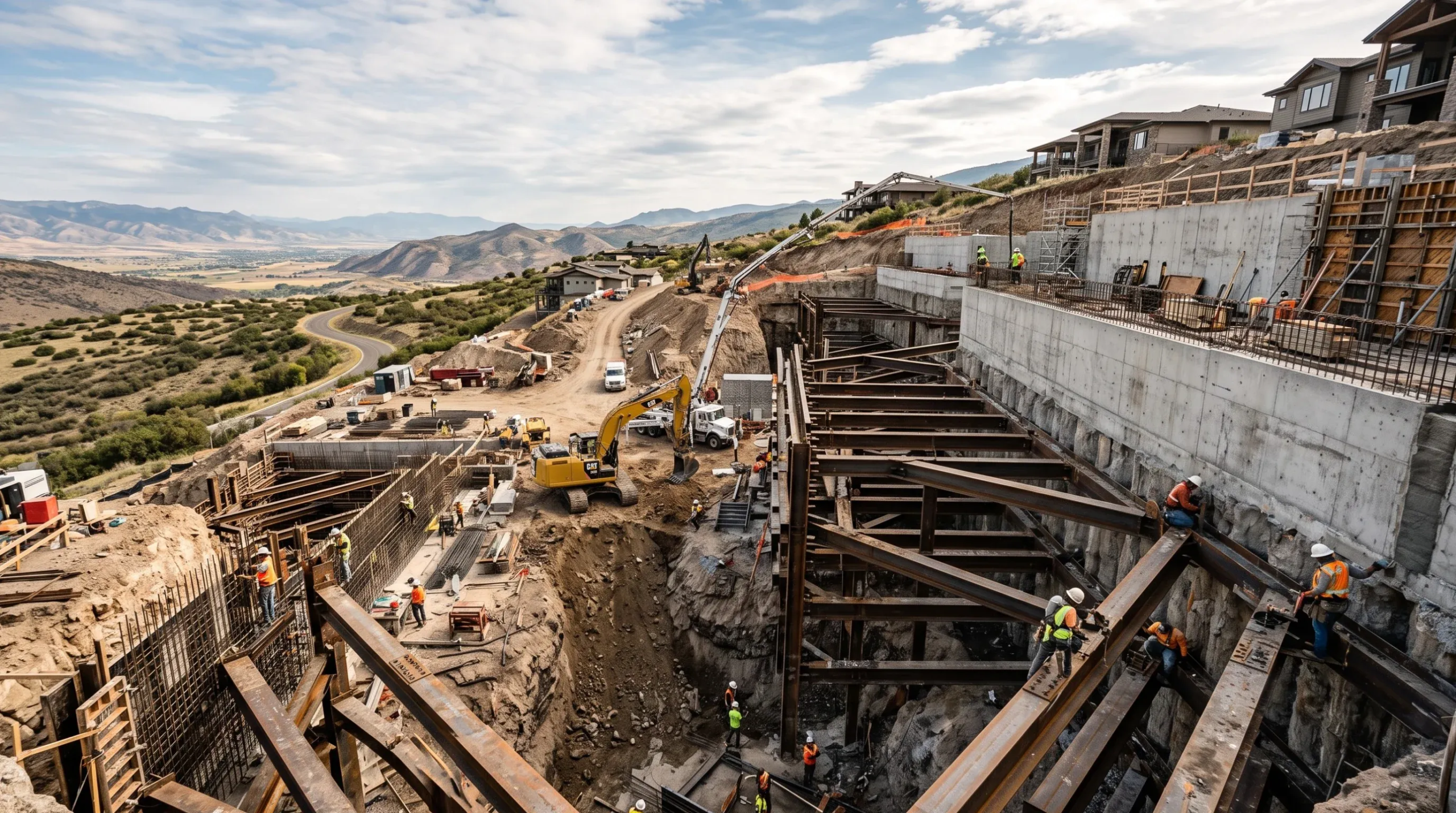 Sitio de construcción en ladera con excavación, muros de contención de concreto reforzado, apuntalamiento de acero y maquinaria pesada, ingeniería geotécnica de RBA Residences en Zapopan.