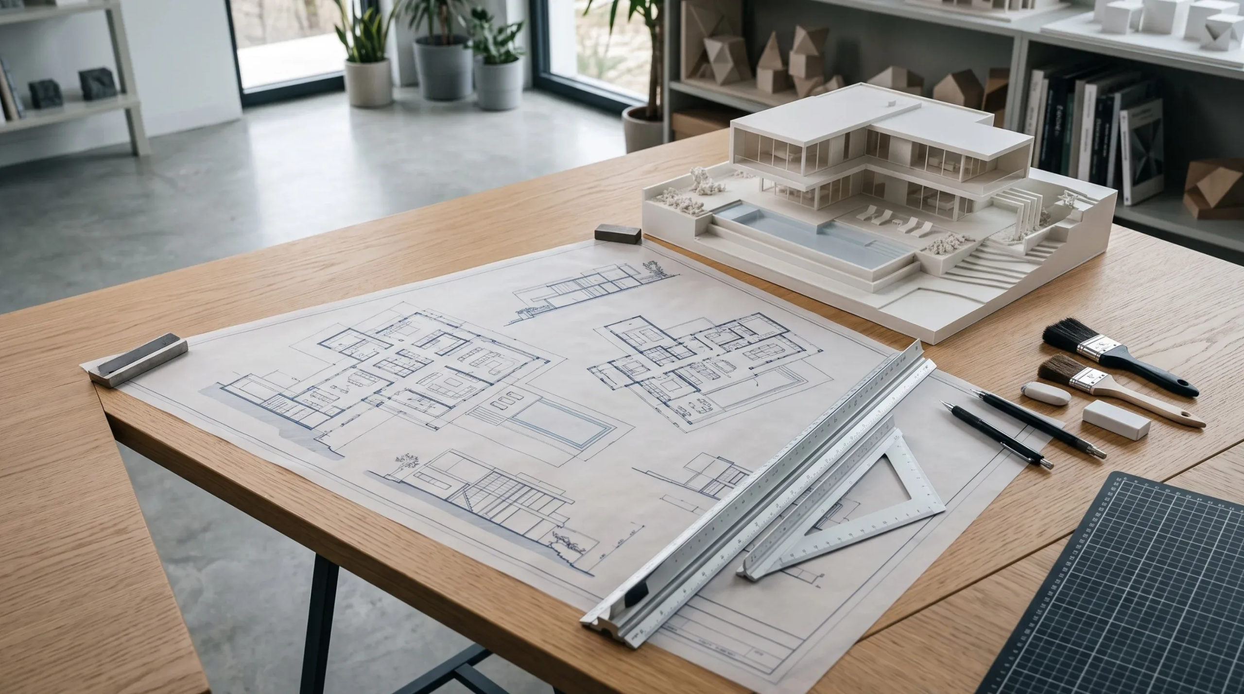 Maqueta arquitectónica de villa moderna con planos, reglas y herramientas de diseño sobre mesa de madera, fase creativa de RBA Residences en Zapopan.