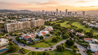 Vista aérea de comunidad residencial de lujo junto a campo de golf con edificios de altura media, villas modernas con albercas privadas y horizonte urbano al atardecer, estilo de vida resort de RBA Residences en Zapopan.
