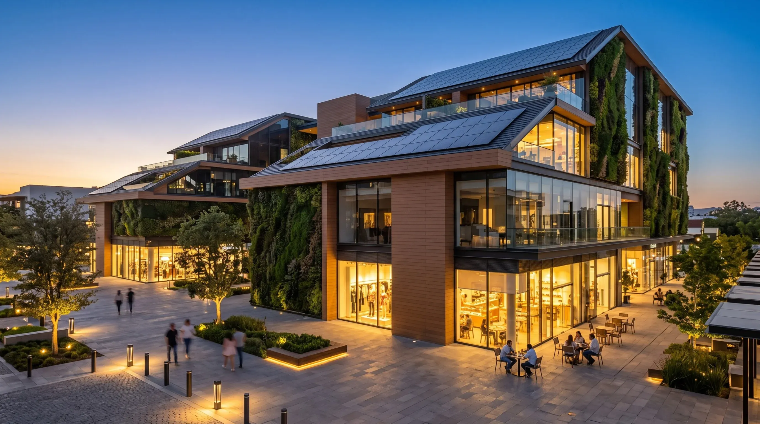Arquitectura moderna con muros verdes vivos, paneles solares en azotea e iluminación cálida al atardecer, diseño sostenible de RBA Residences en Zapopan.