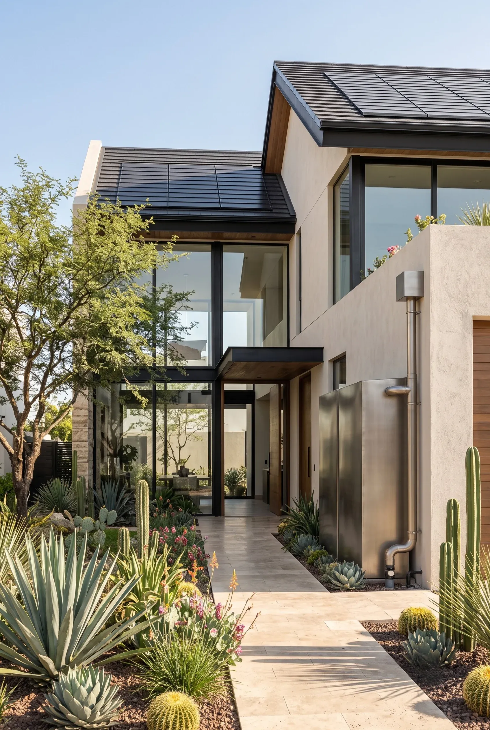 Fachada moderna de dos niveles con grandes ventanales, paneles solares, tanque de agua de acero inoxidable y paisajismo desértico, diseño de RBA Residences en Zapopan.