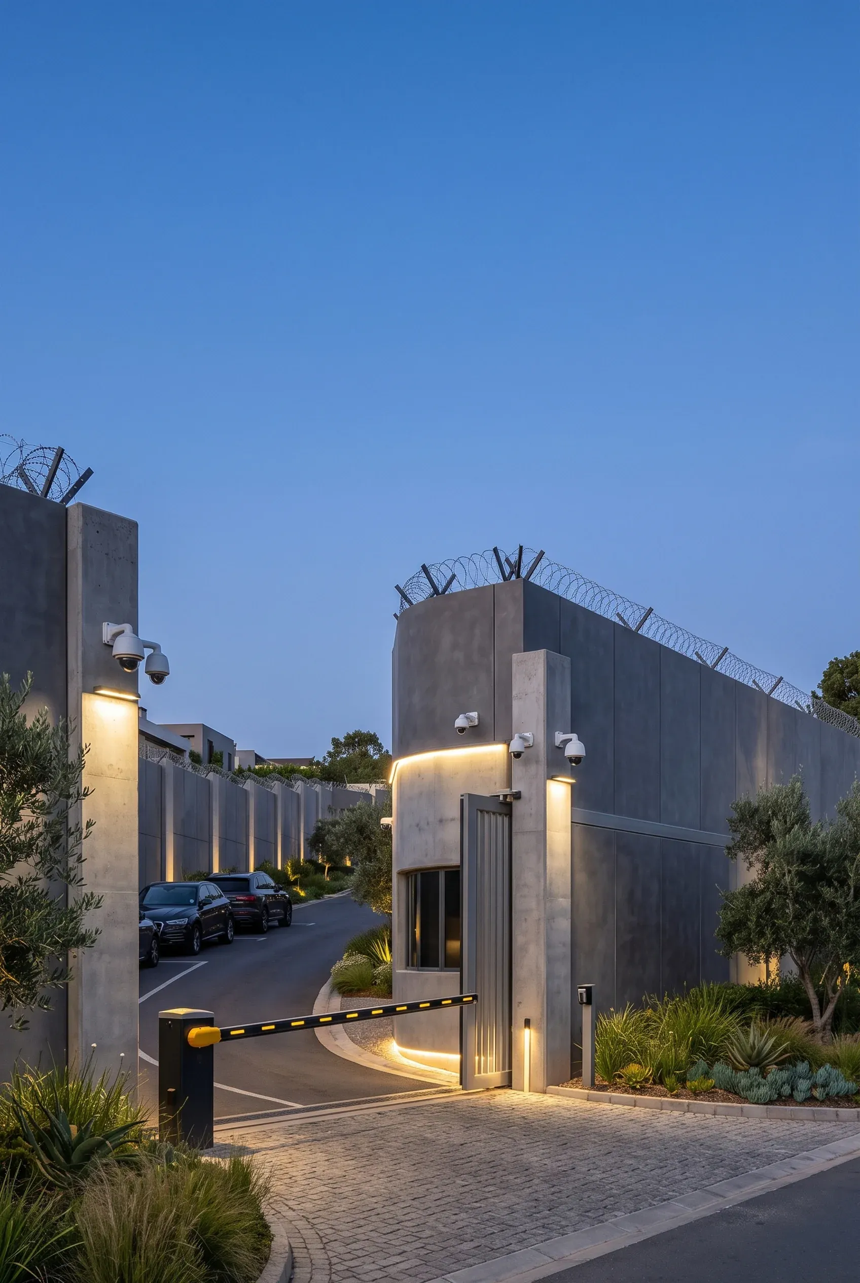 Entrada privada altamente segura de una residencia de lujo al atardecer, con muros altos de concreto, iluminación arquitectónica integrada, cámaras de seguridad tipo domo, caseta de vigilancia y barrera automatizada en camino curvo, privacidad exclusiva de RBA Residences en Zapopan.