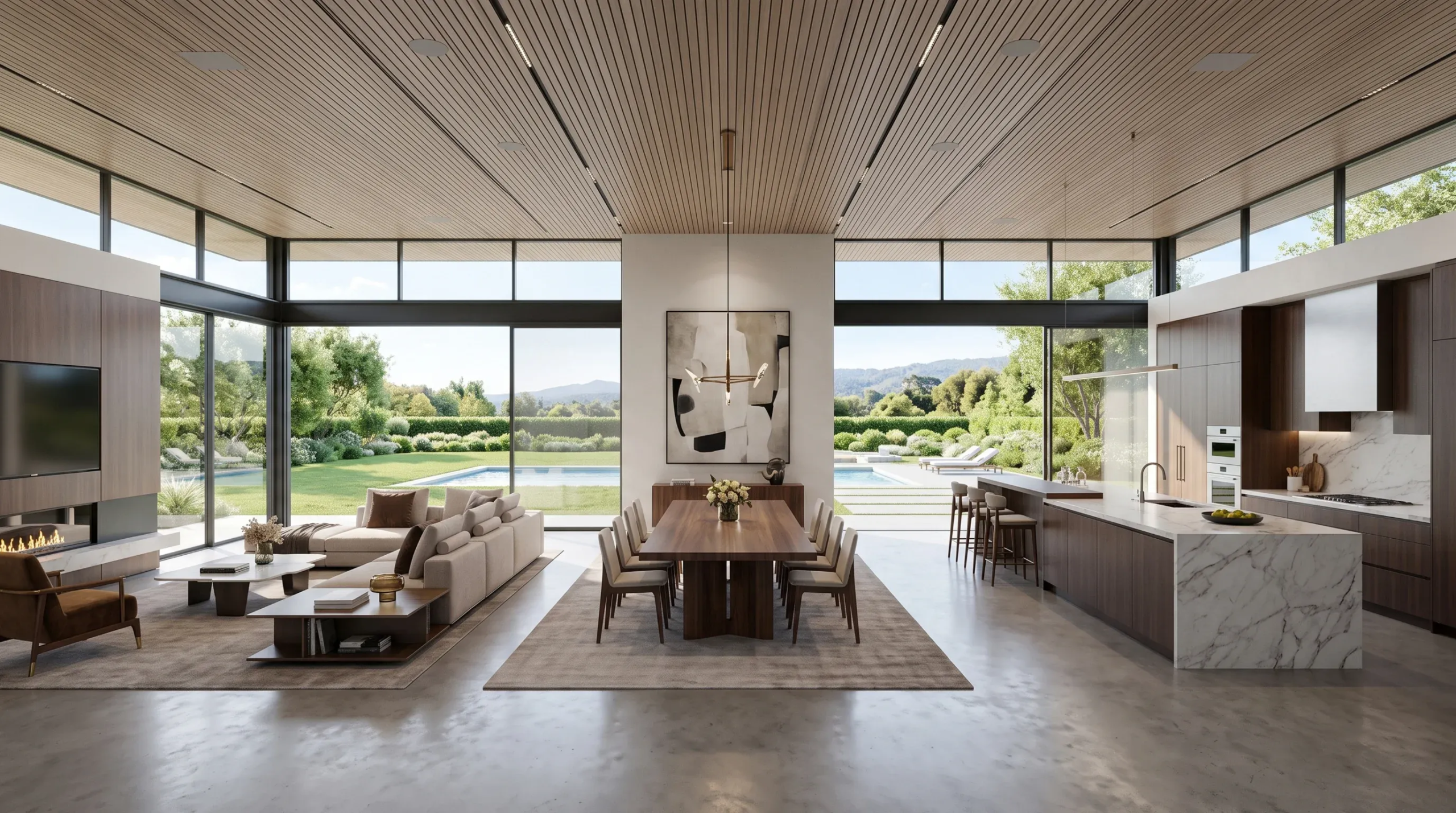 Espacio abierto de lujo con techos altos de listones de madera, puertas de vidrio de piso a techo hacia una alberca en el patio, y sala, comedor y cocina con acentos de mármol integrados, diseño de interiores de RBA Residences en Zapopan.