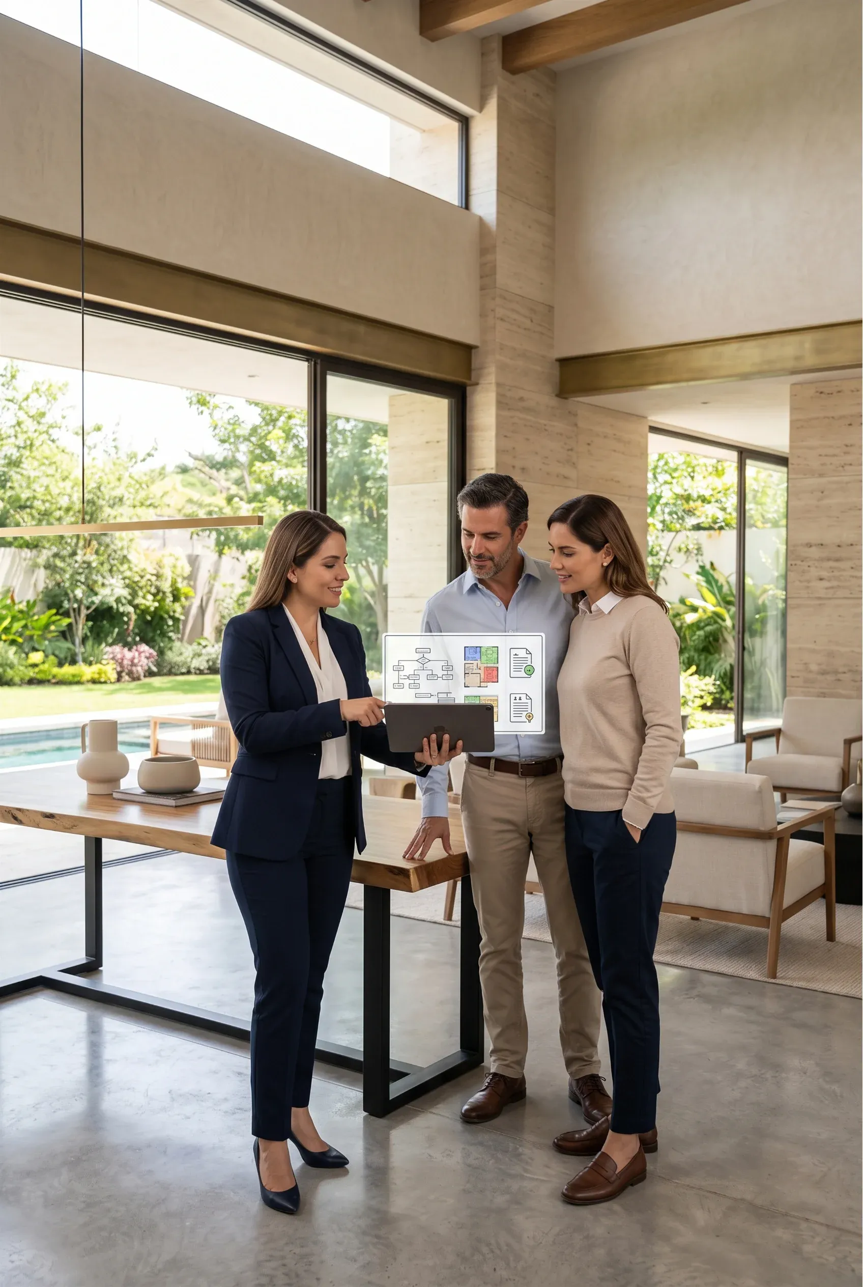 Asesor profesional con traje oscuro presentando diagramas digitales y documentos en una tableta a una pareja dentro de una casa moderna y espaciosa que se abre a un patio junto a la alberca, consultoría personalizada de RBA Residences en Zapopan.