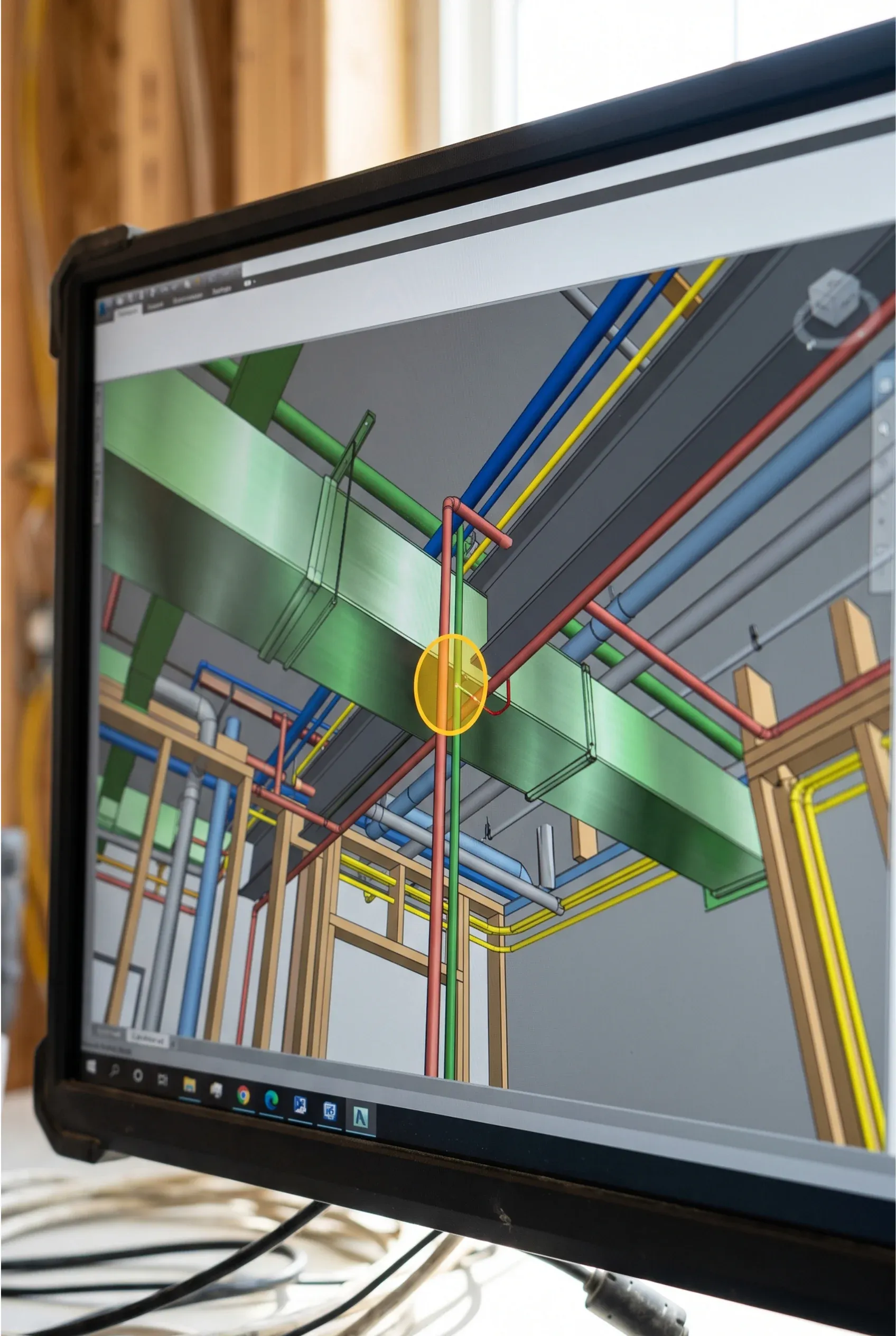 Monitor de computadora mostrando un modelo BIM 3D con detección de interferencia resaltada entre tuberías y ductos de HVAC, coordinación virtual de RBA Residences en Zapopan.