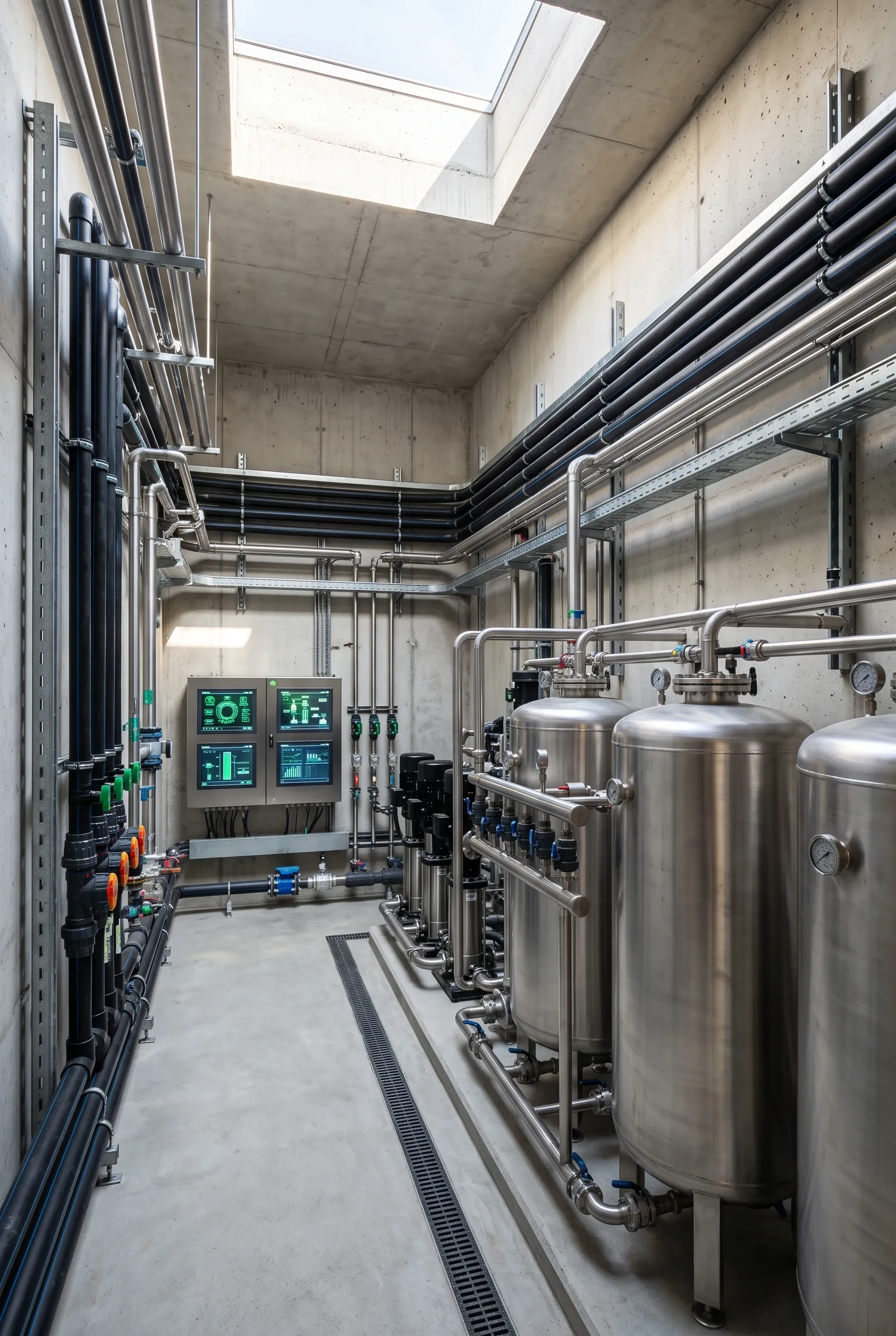 Cuarto de servicios industriales con tanques de filtración de acero inoxidable, bombas de presión, redes complejas de tuberías elevadas, paneles de control digital y estructura de concreto iluminada por un tragaluz, ingeniería hidráulica de RBA Residences en Zapopan.