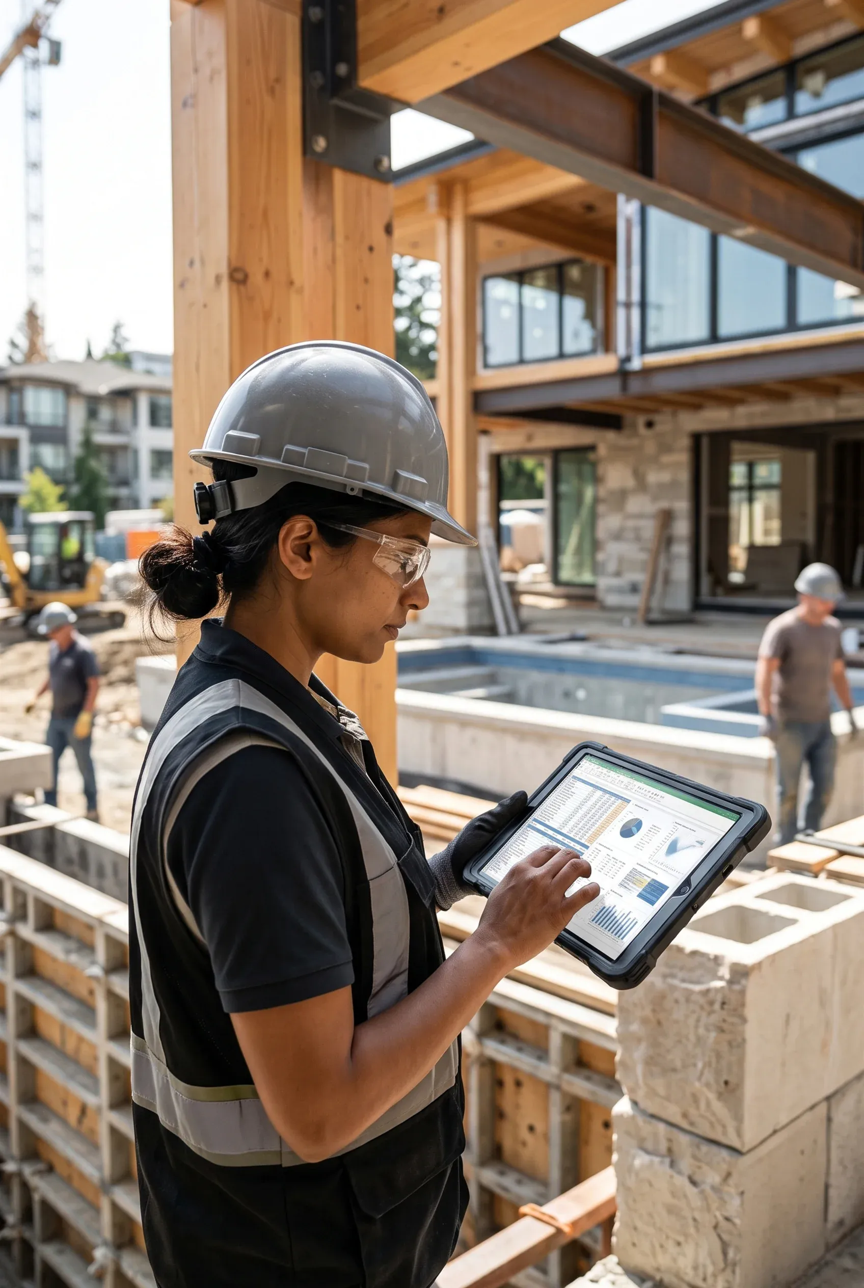 Gerente de construcción con casco y gafas de seguridad usando una tableta para revisar cronogramas y datos del proyecto en una obra residencial activa, gestión ágil de RBA Residences en Zapopan.