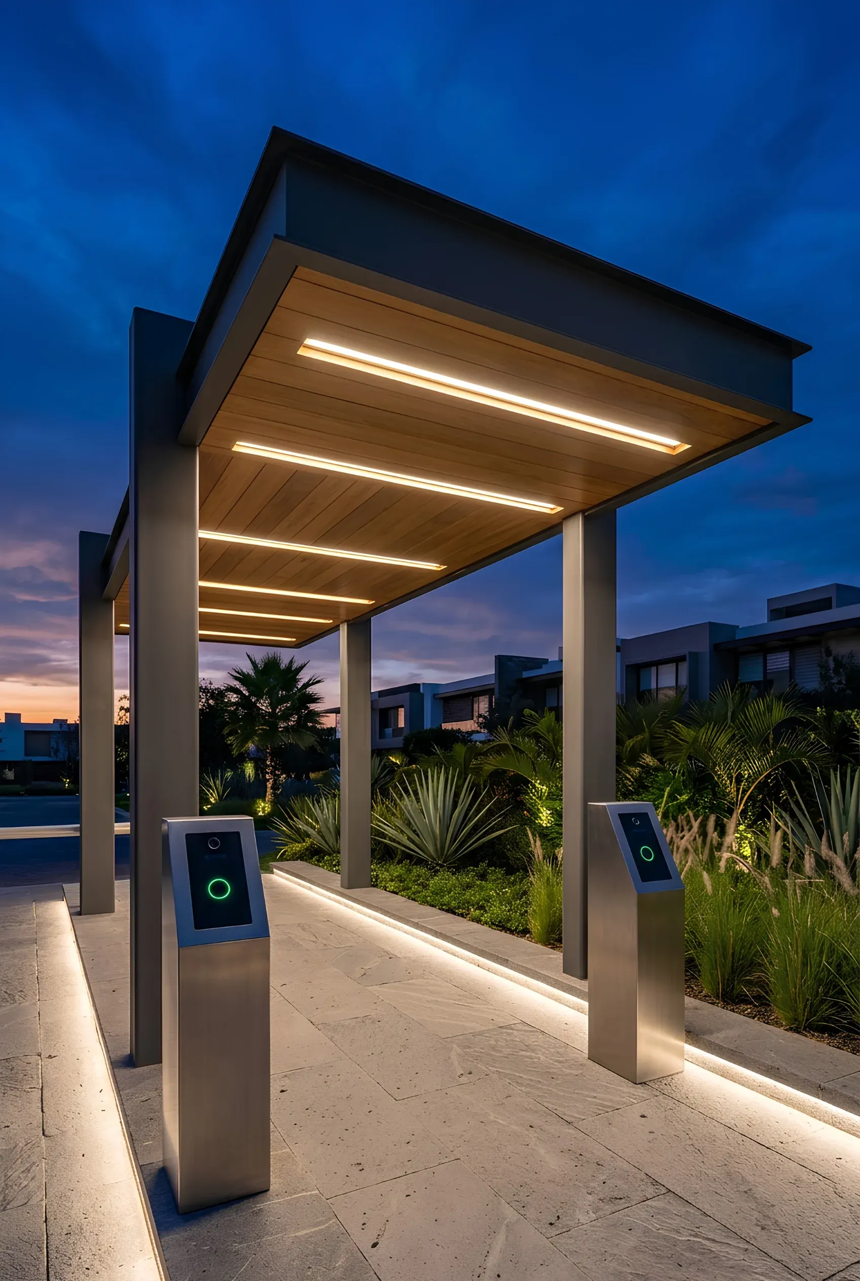Dosel de entrada moderno con luces LED en techo de madera, pedestales de control de acceso de acero inoxidable y camino de piedra al atardecer, tecnología de RBA Residences en Zapopan.