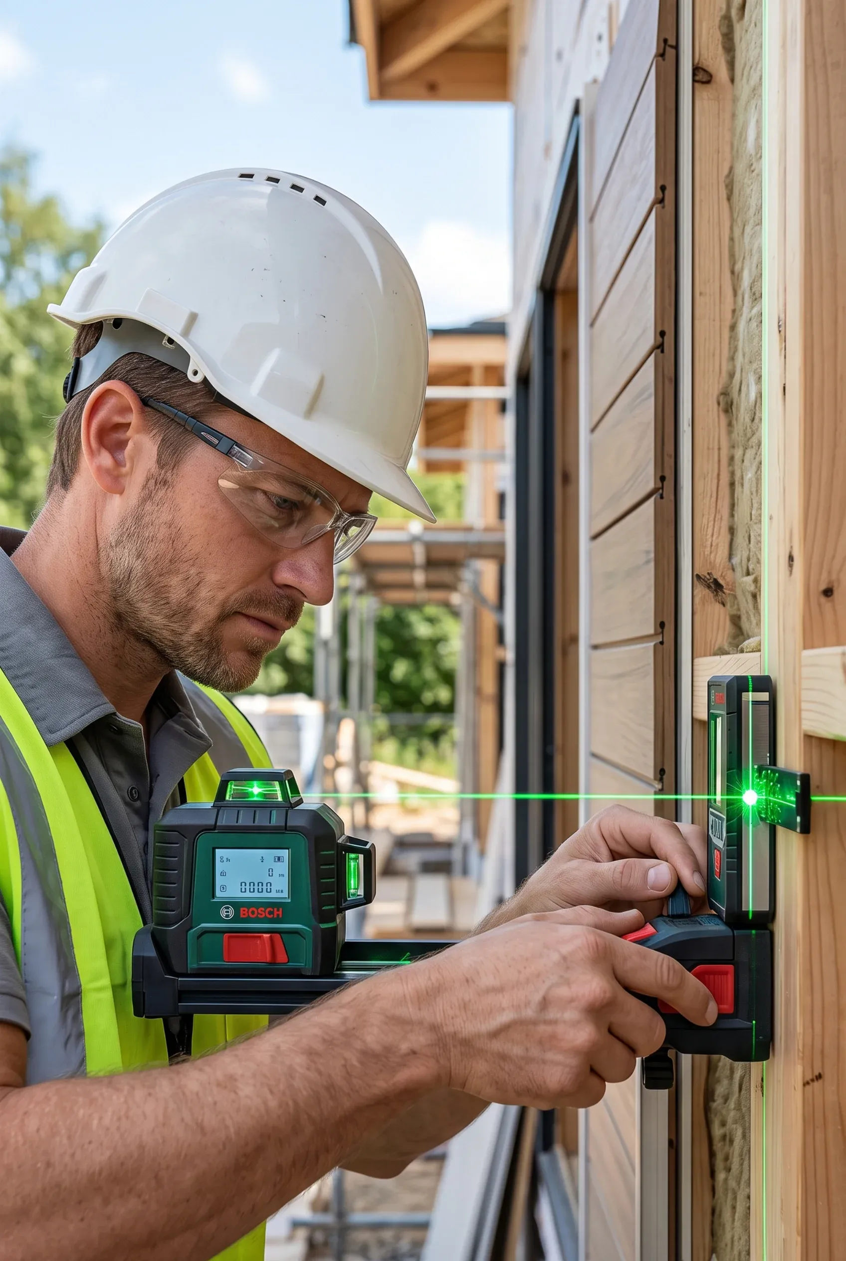 Trabajador usando un nivel láser profesional de línea verde y receptor para alinear un entramado de madera exterior, precisión constructiva de RBA Residences en Zapopan.