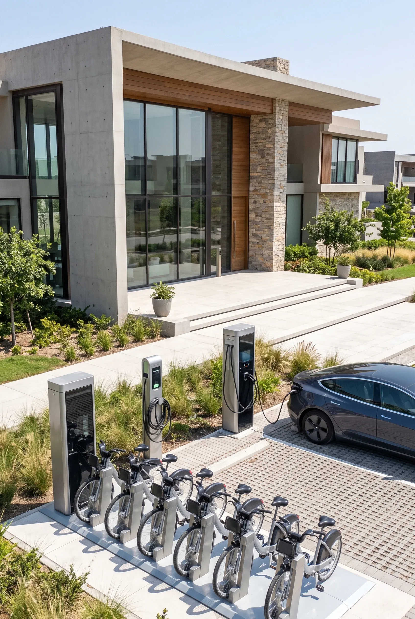 Estación de carga para vehículos eléctricos y hub de bicicletas eléctricas frente a un edificio moderno con acabados de concreto, vidrio y madera, movilidad sustentable de RBA Residences en Zapopan.
