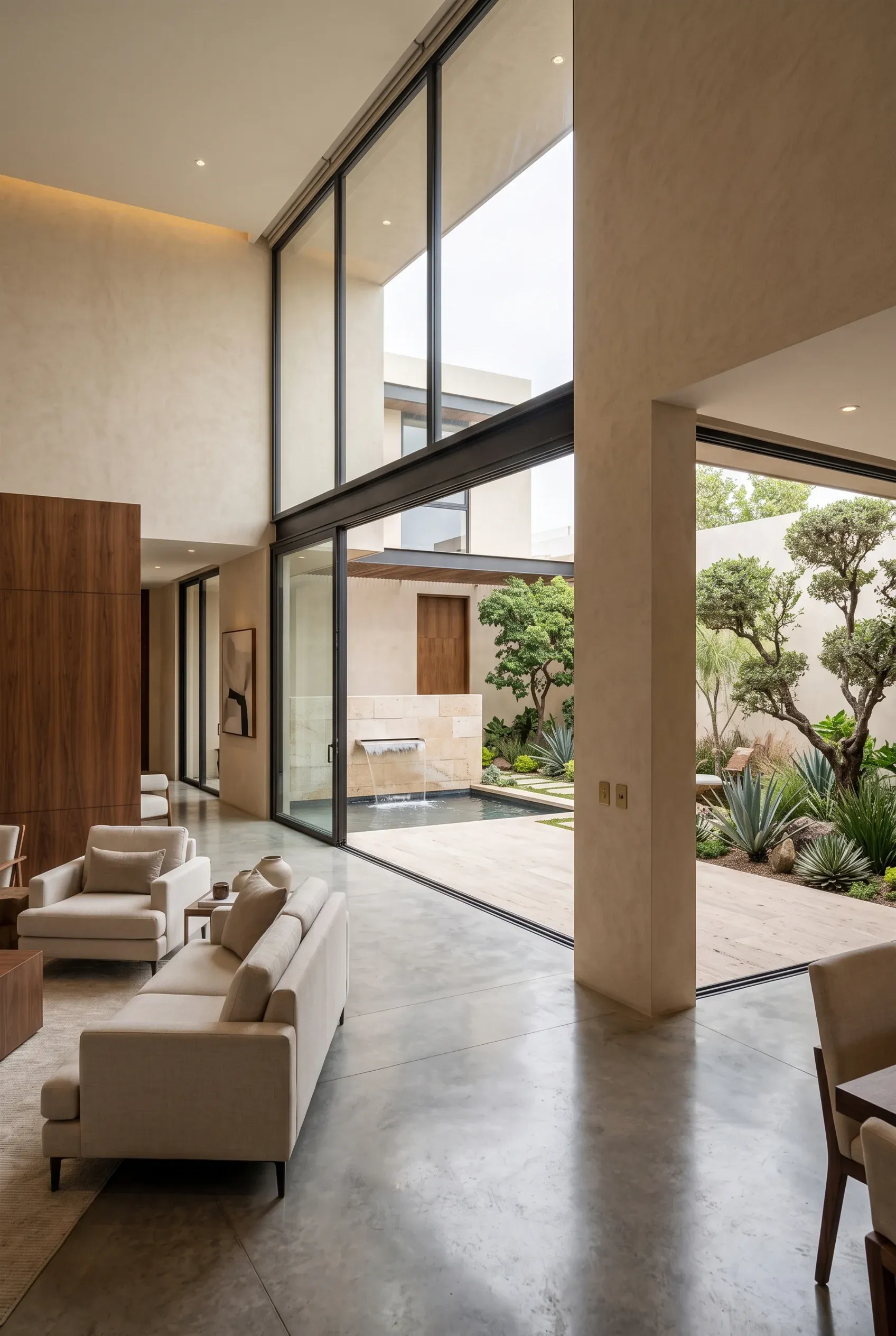 Interior de lujo moderno con techos altos y muros de vidrio de piso a techo que se abren a un patio privado con espejo de agua, fuente y jardín paisajista, diseño biofílico de RBA Residences en Zapopan.