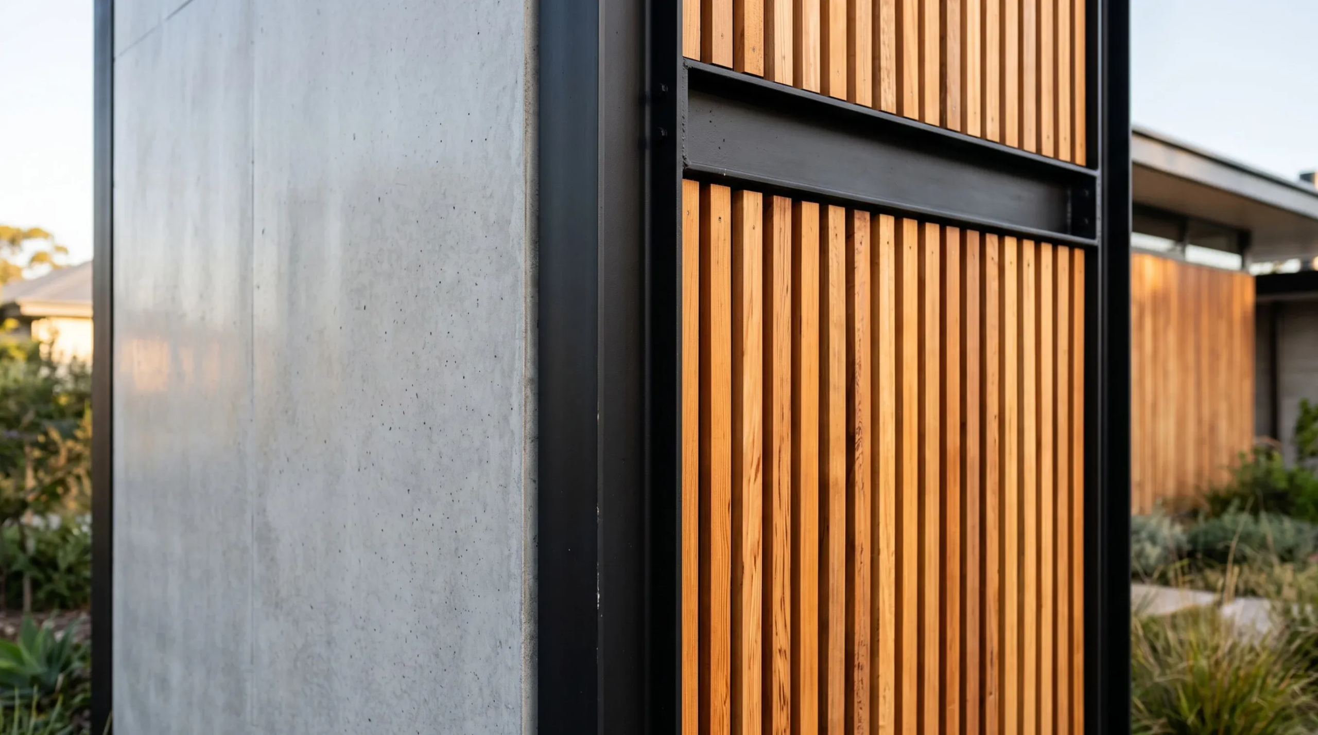 Detalle arquitectónico de pared de concreto liso combinada con listones verticales de madera y marco de metal negro, diseño de RBA Residences en Zapopan.