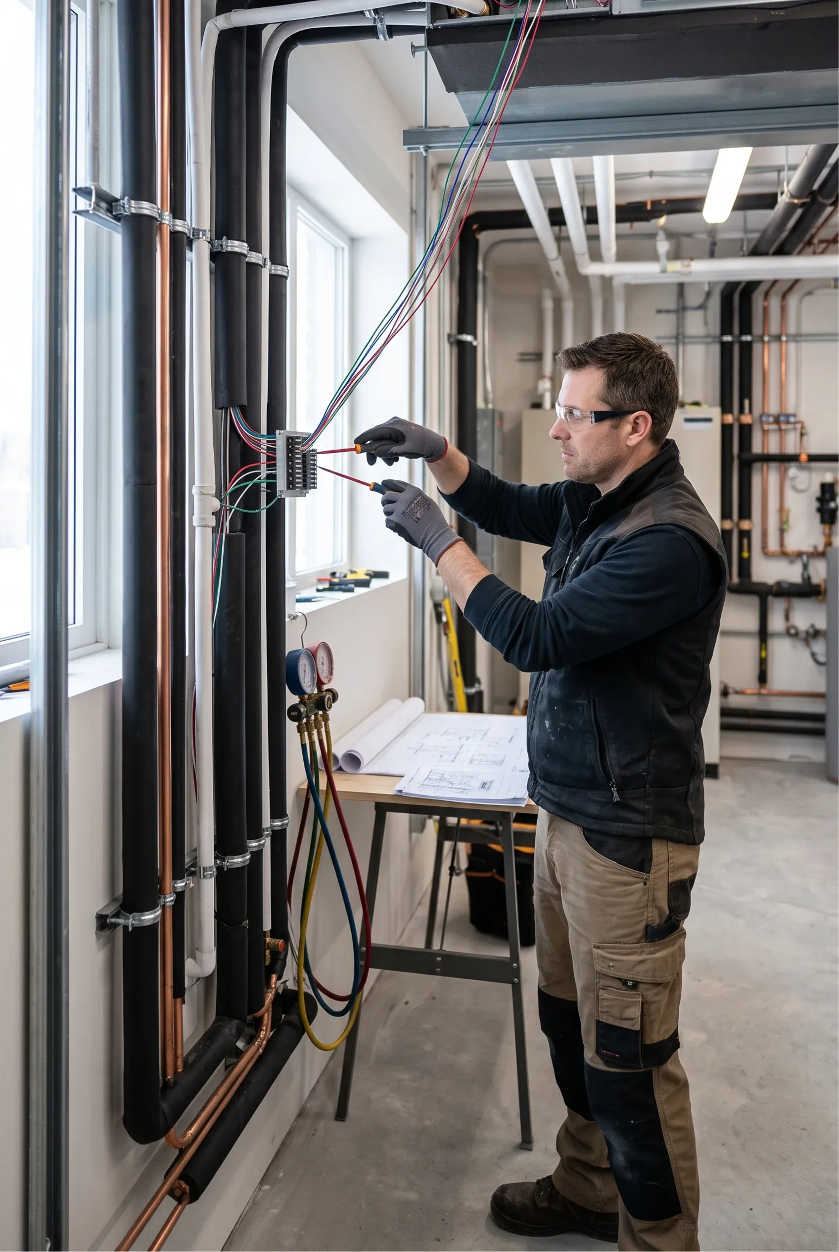 Técnico de HVAC con gafas de seguridad y guantes protectores cableando conexiones de control en una unidad de climatización de grado comercial junto a tuberías aisladas y manómetros, sistemas de precisión de RBA Residences en Zapopan.