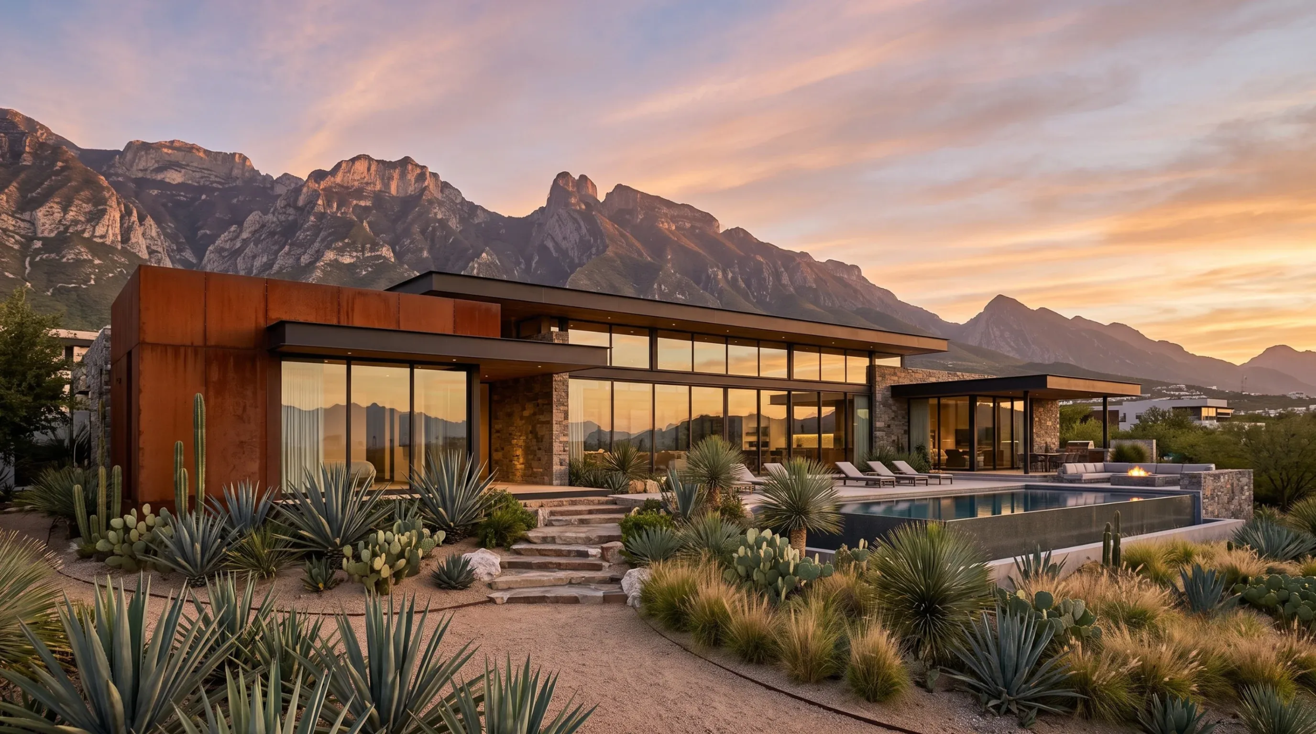 Finca moderna de lujo con acentos de acero Corten, muros de vidrio expansivos, alberca y paisajismo desértico frente a montañas al atardecer, diseño de RBA Residences en Zapopan.