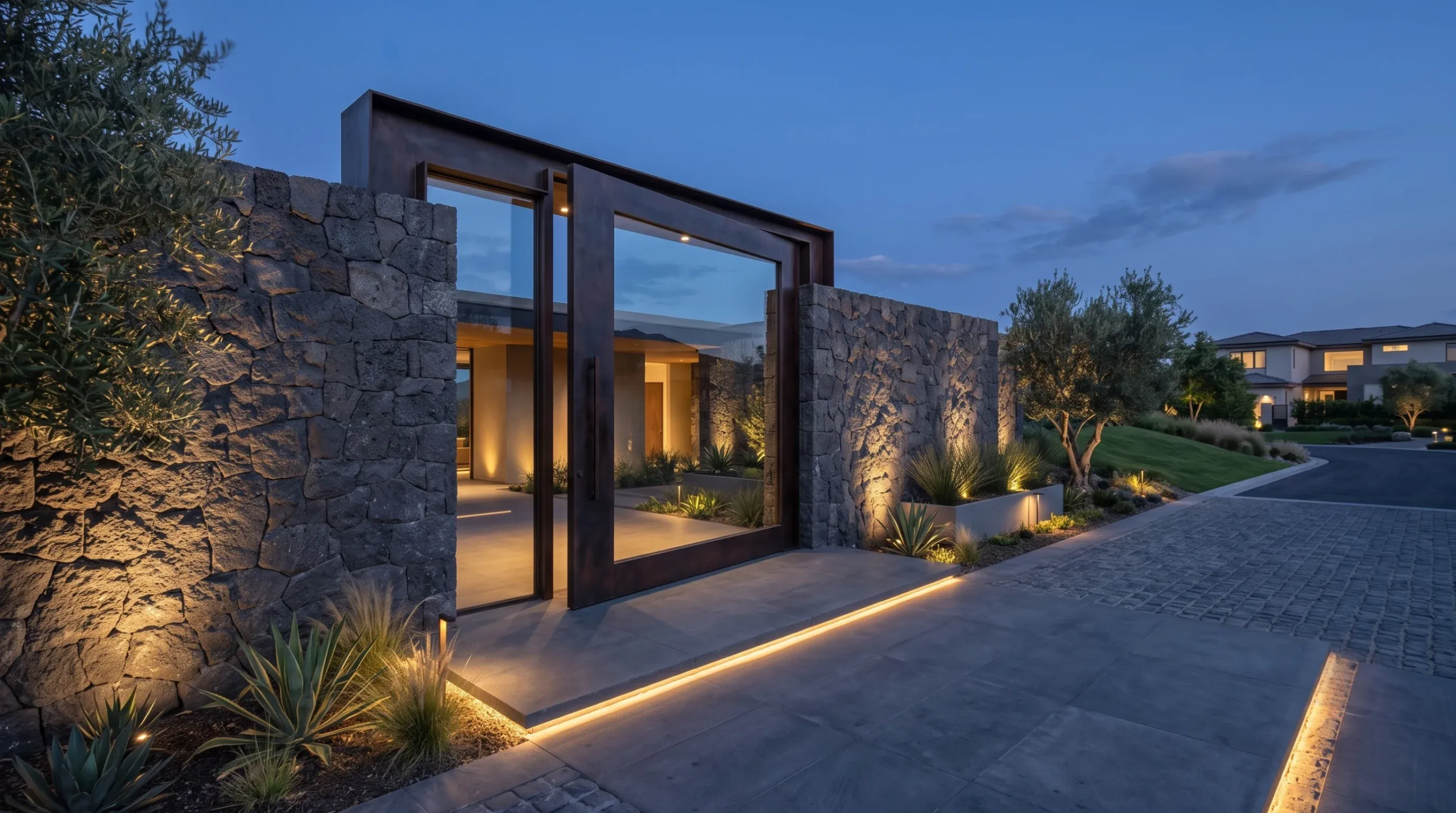 Entrada moderna de lujo con gran puerta pivotante de vidrio, muros de piedra, iluminación LED cálida y senderos ajardinados, diseño de RBA Residences en Zapopan.