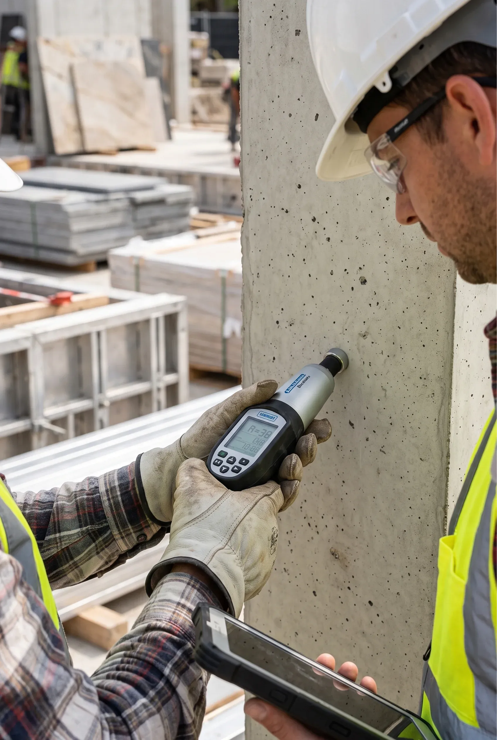 Inspector de obra utilizando un martillo de rebote Schmidt digital para probar la resistencia del concreto, control de calidad estructural de RBA Residences en Zapopan.