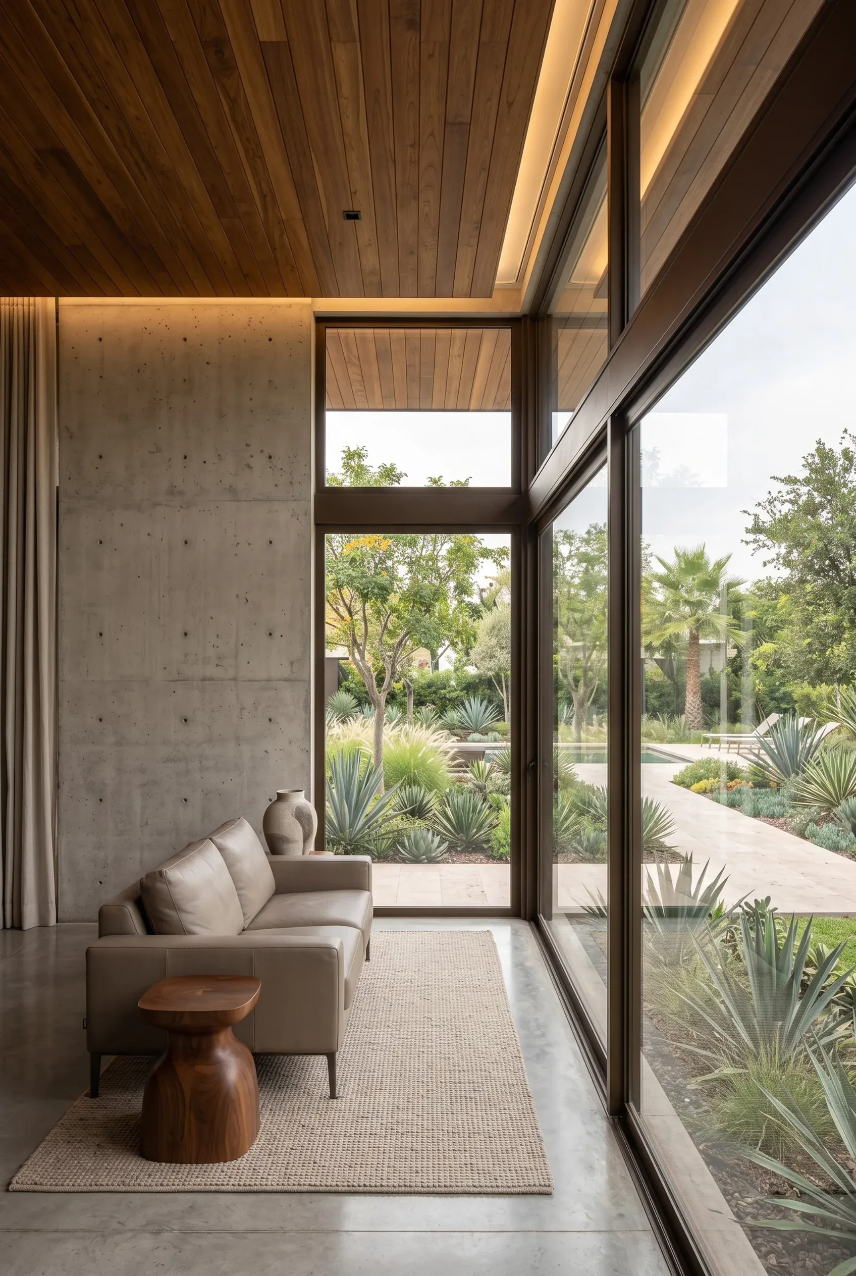 Sala de estar moderna con ventanales de piso a techo, sofá de cuero, techo de madera, muro de concreto y vista al jardín paisajístico, diseño de interiores de RBA Residences en Zapopan.