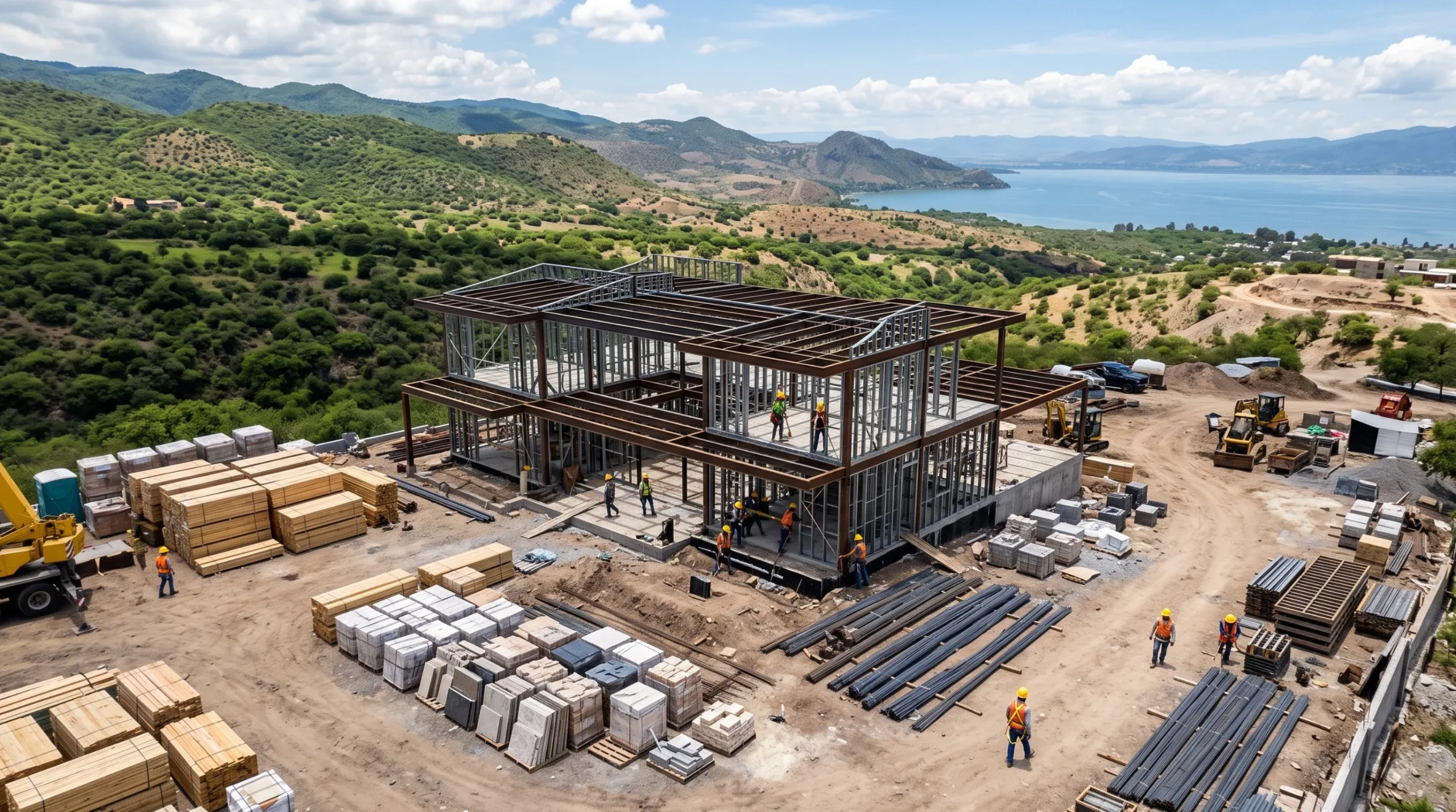 Vista aérea de construcción en ladera con vista al agua, estructura de acero y metal ligero, trabajadores y materiales organizados, ingeniería de RBA Residences en Zapopan.