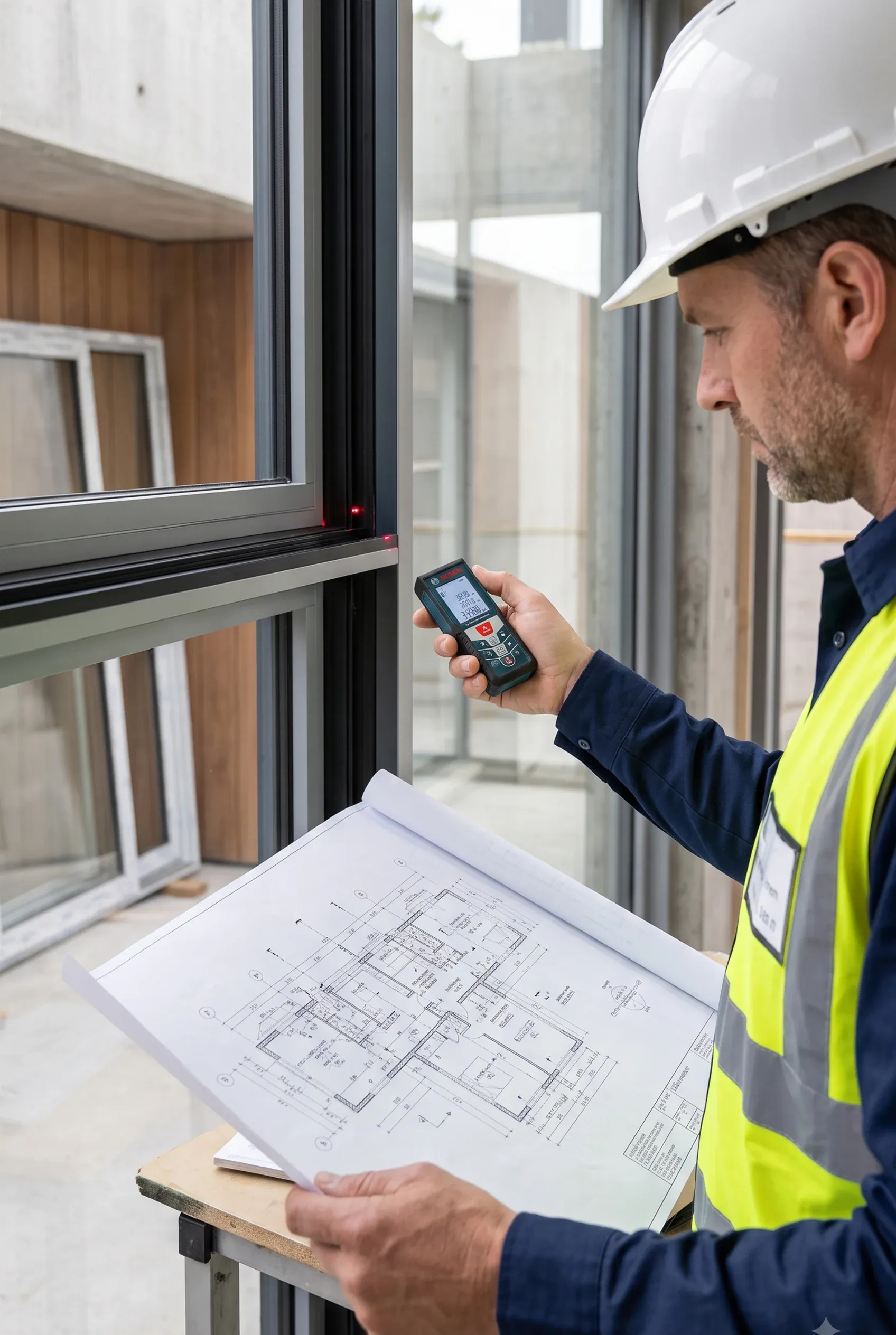 Inspector de construcción con planos arquitectónicos usando medidor láser digital para verificar dimensiones de marco de ventana, control dimensional de RBA Residences en Zapopan.