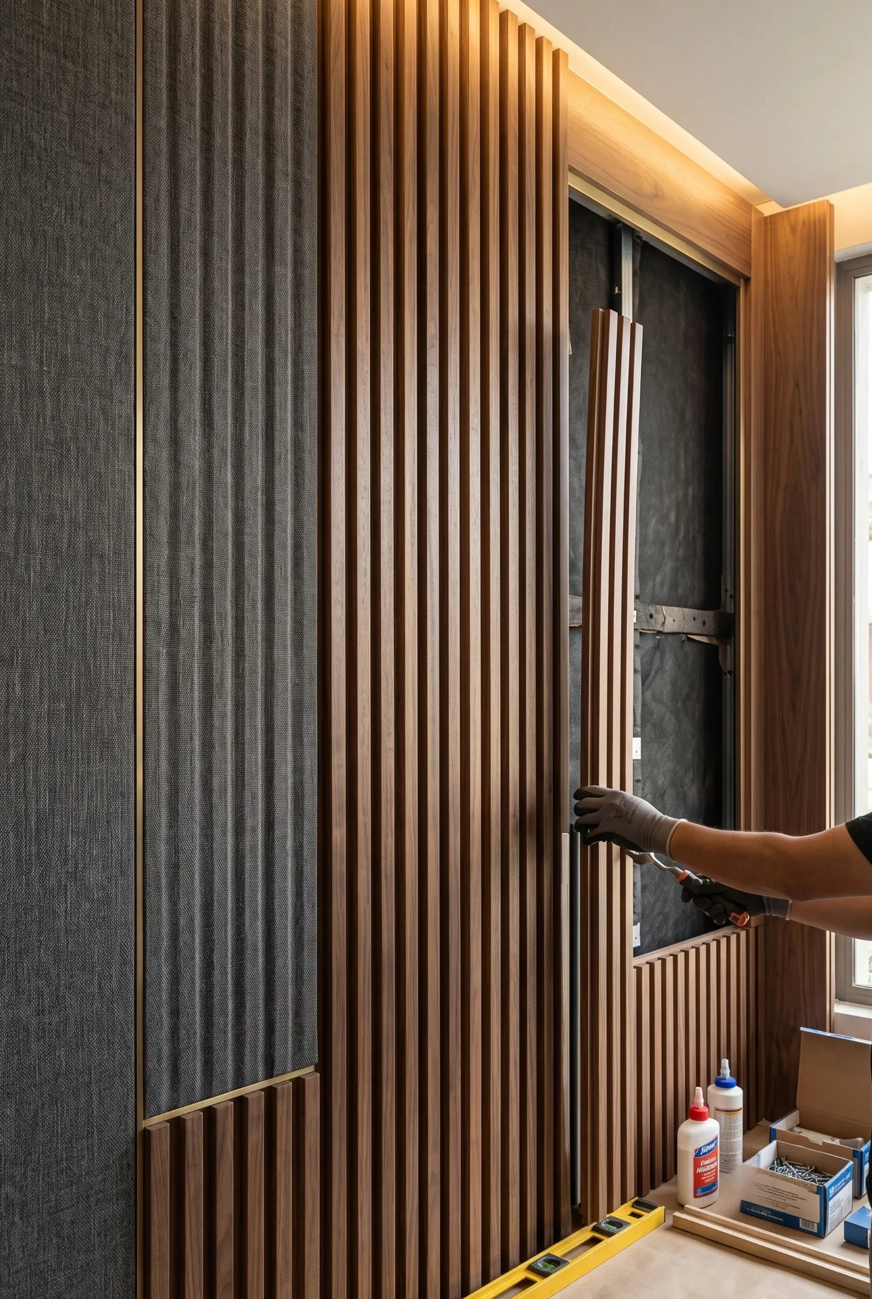 Trabajador instalando paneles decorativos de listones de madera verticales junto a paneles de tela texturizada en interiores, diseño acústico de RBA Residences en Zapopan.