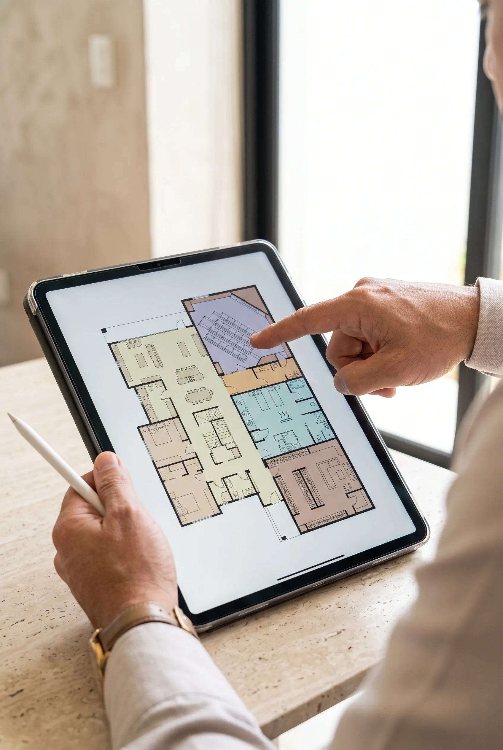 Persona usando un lápiz digital para interactuar con un plano arquitectónico en una tableta, diseño interactivo de RBA Residences en Zapopan.