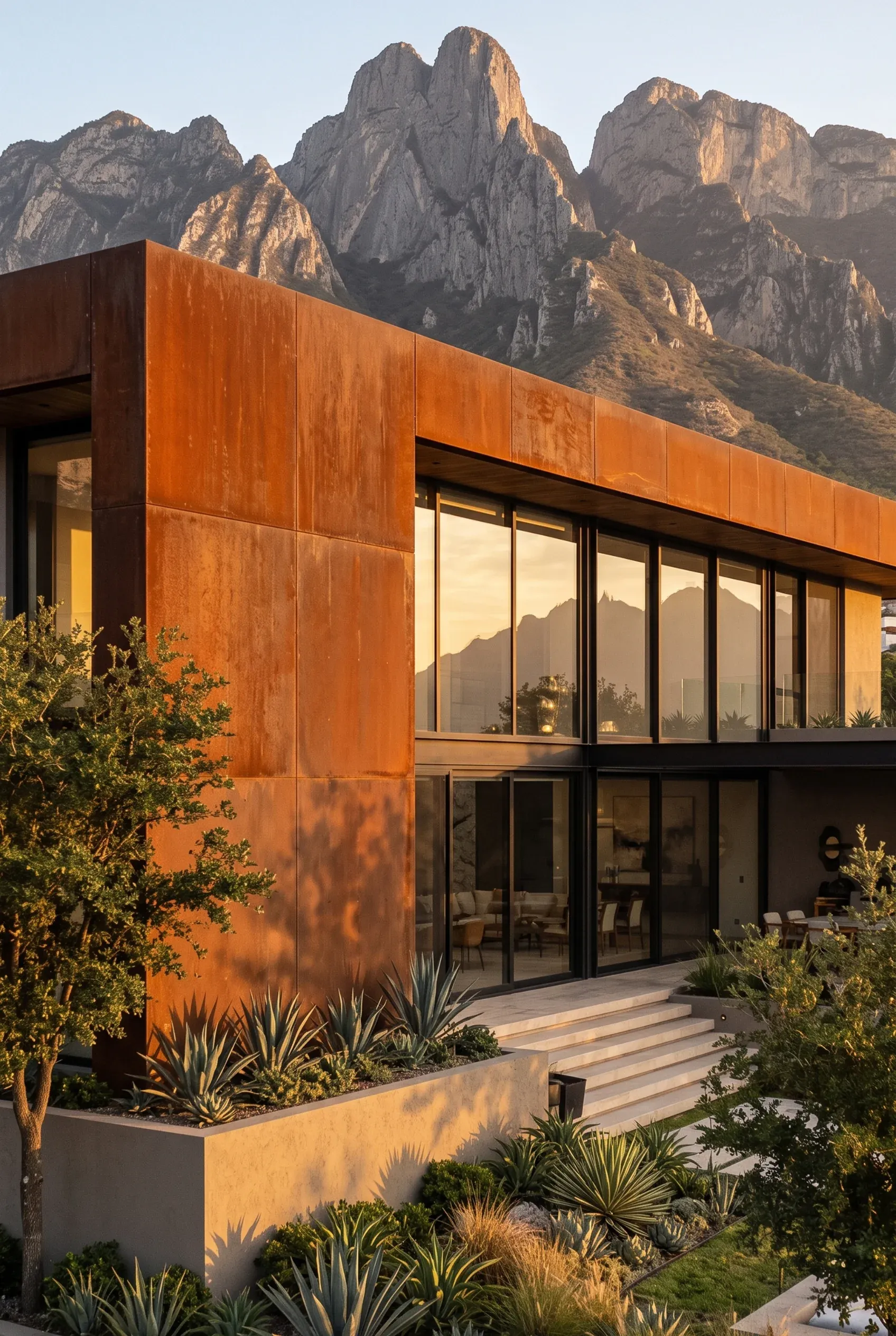 Fachada moderna de casa de lujo con revestimiento de acero Corten, grandes ventanales y fondo de montaña dramático, diseño de RBA Residences en Zapopan.