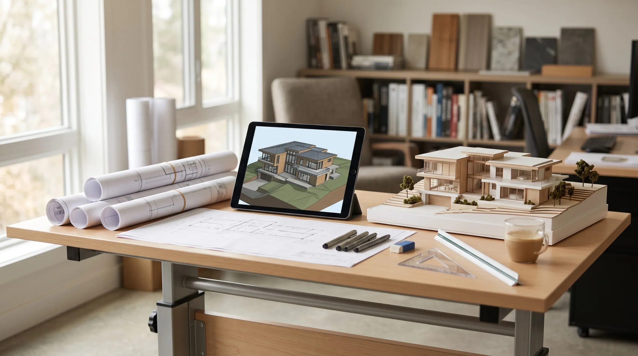 Escritorio de arquitecto con planos, maqueta física a escala y tablet con render 3D de casa moderna, proceso de diseño híbrido de RBA Residences en Zapopan.
