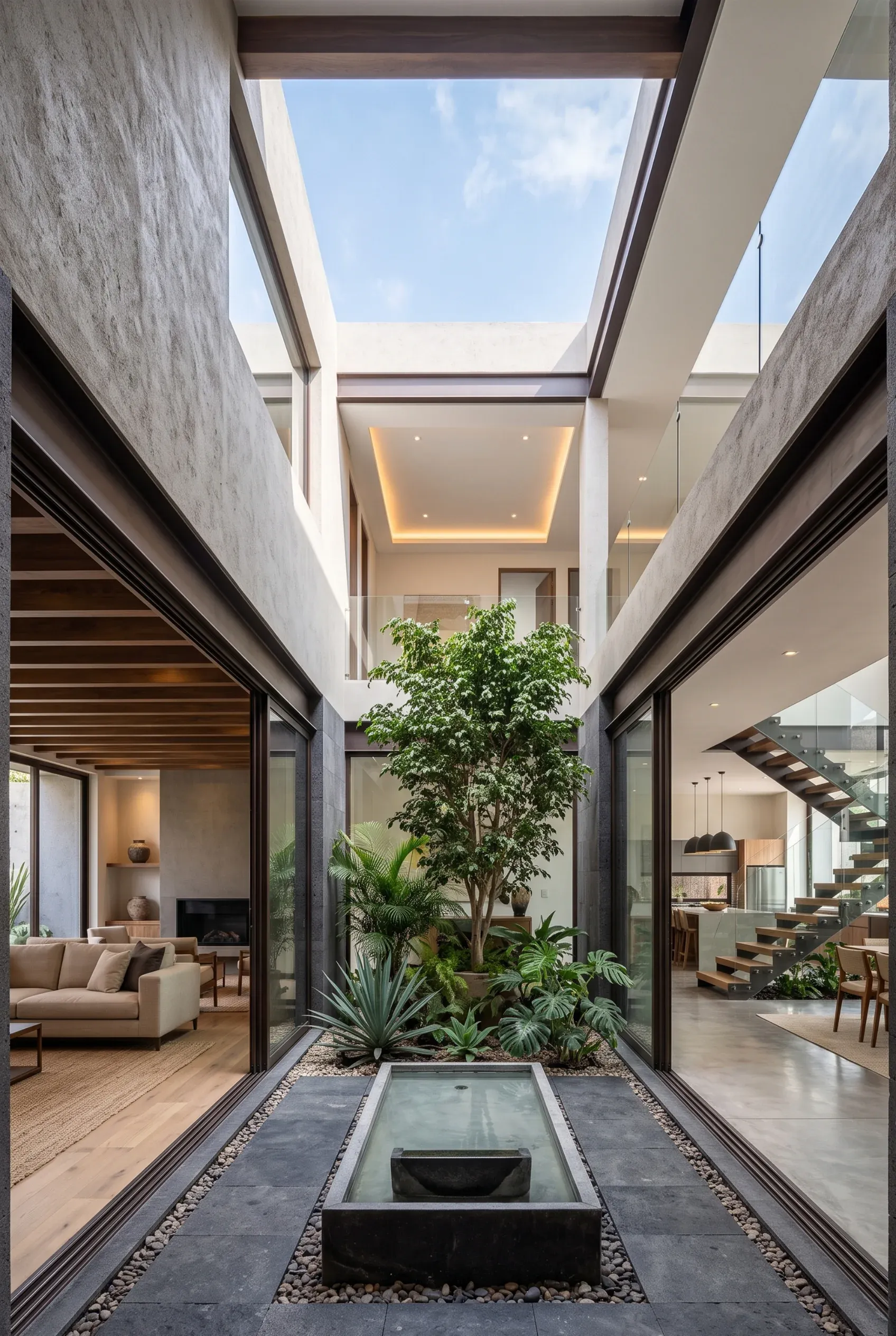 Patio interior moderno al aire libre con fuente de agua central, vegetación exuberante y grandes puertas corredizas de vidrio que conectan espacios de lujo, diseño de RBA Residences en Zapopan.