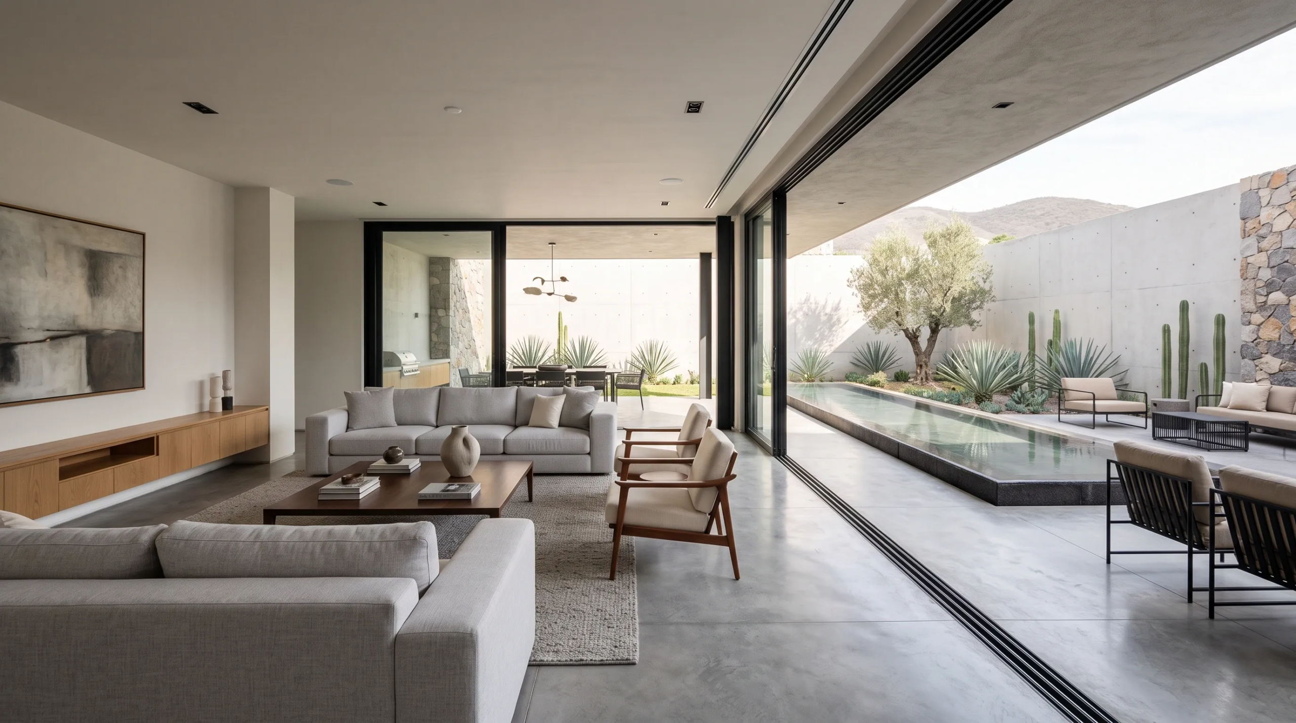 Sala moderna interior-exterior con puertas corredizas de vidrio hacia un patio de concreto, alberca estrecha y paisajismo desértico, diseño de RBA Residences en Zapopan.