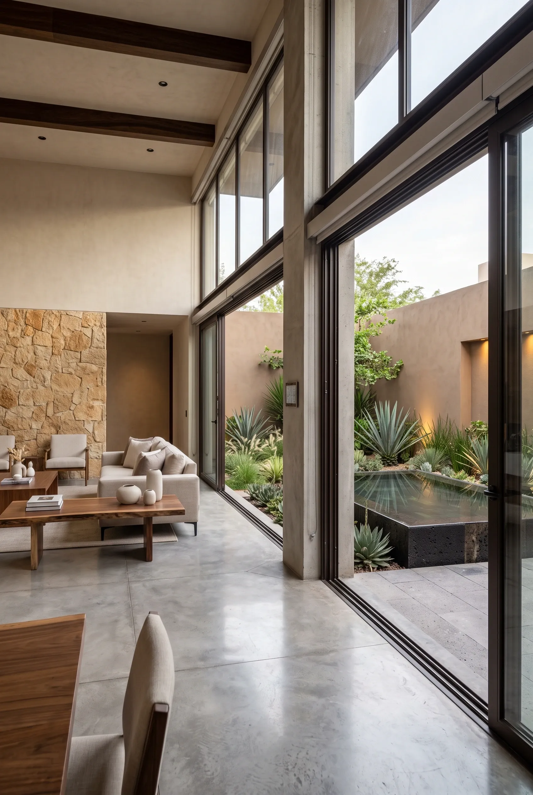 Sala de estar moderna de planta abierta con puertas corredizas de vidrio de piso a techo que se abren a un patio exterior con alberca peque&ntilde;a y plantas des&eacute;rticas, dise&ntilde;o de microclima de RBA Residences en Zapopan.