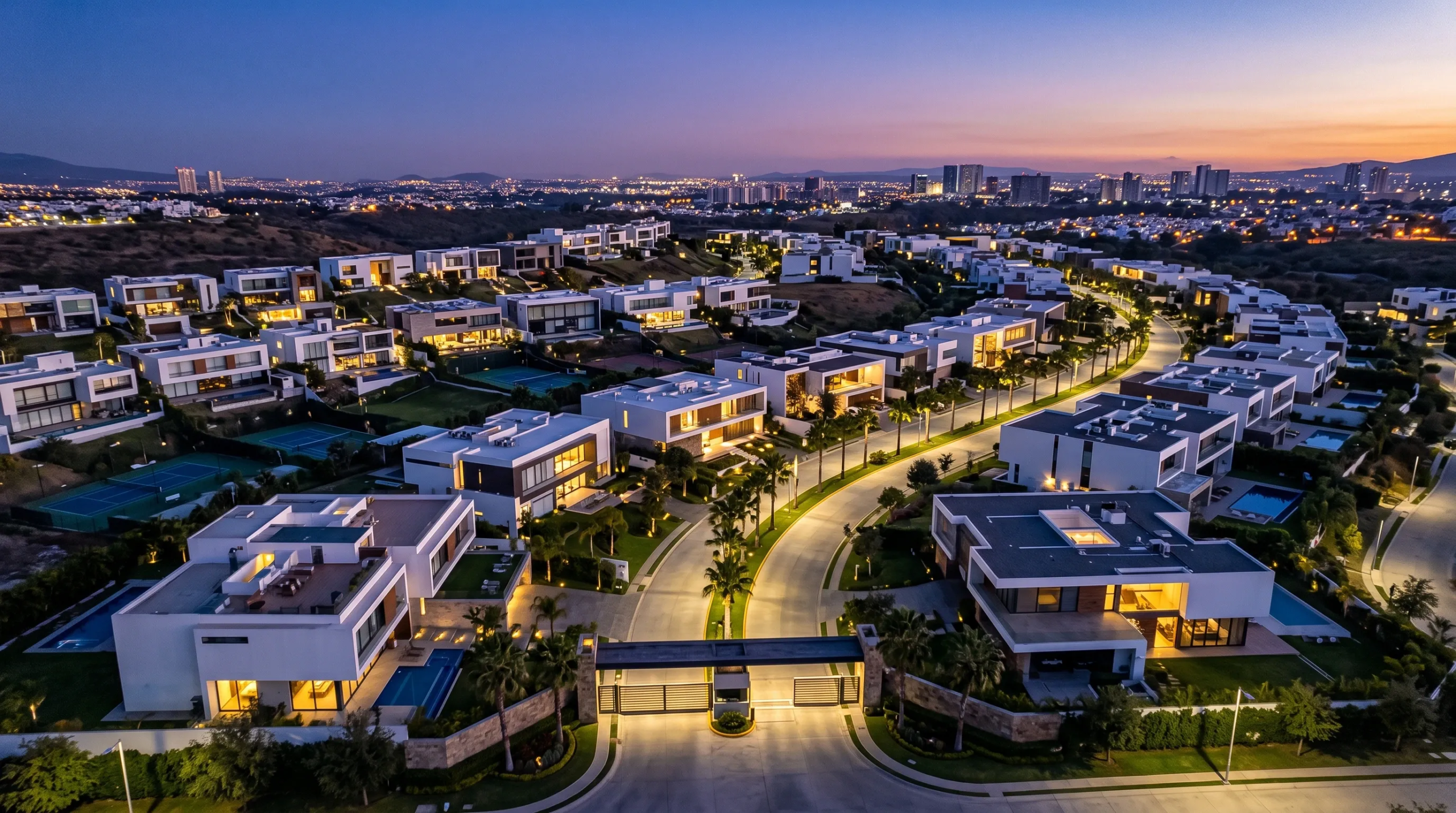 Vista aérea al atardecer de exclusiva comunidad residencial privada con villas modernas, albercas, canchas de tenis y entrada segura, vistas a la ciudad de RBA Residences en Zapopan.