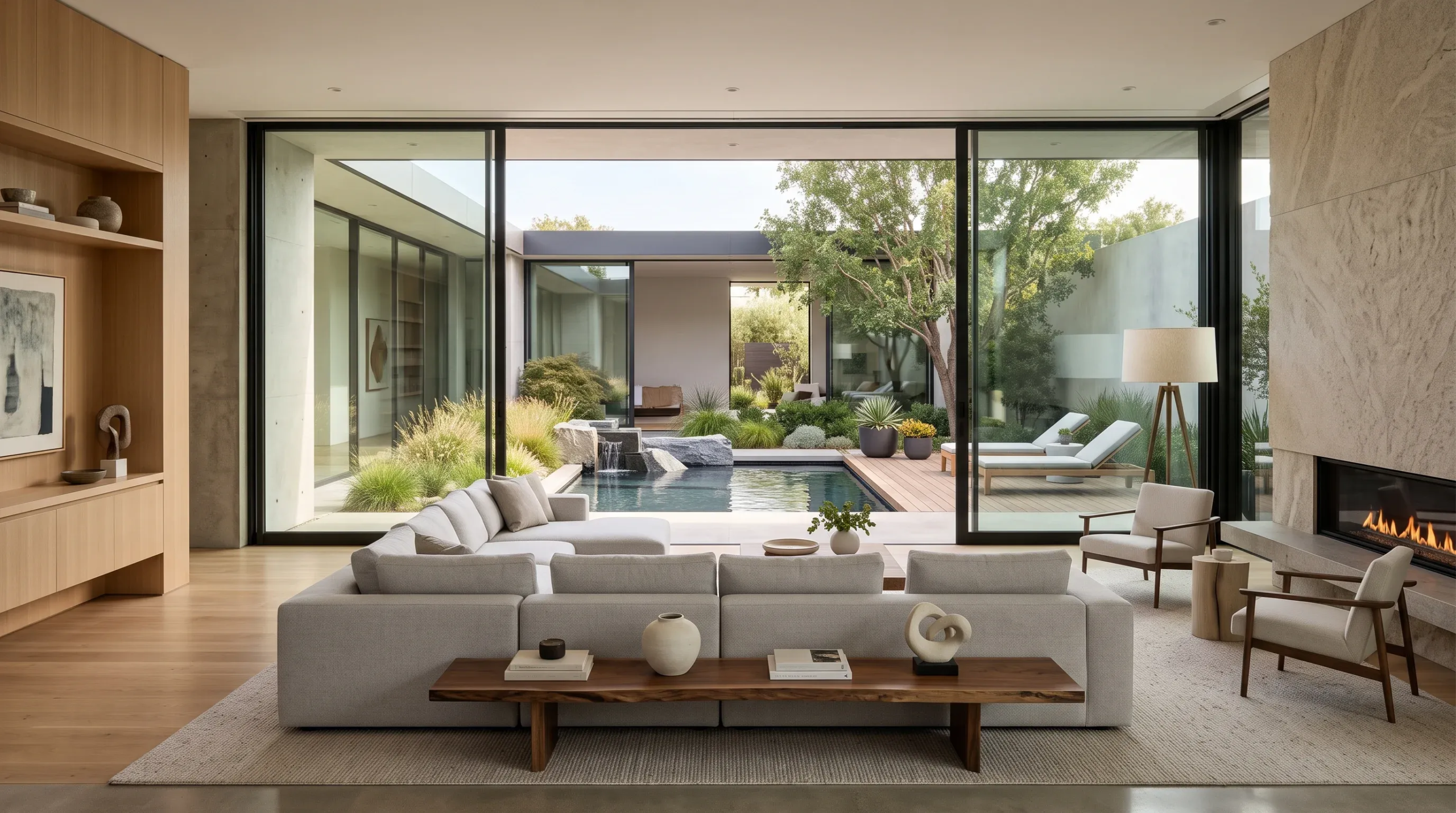 Sala de estar de lujo de planta abierta con puertas corredizas de vidrio expansivas que se abren a un patio central exterior con alberca, tumbonas y exuberante vegetación, diseño de oasis privado de RBA Residences en Zapopan.
