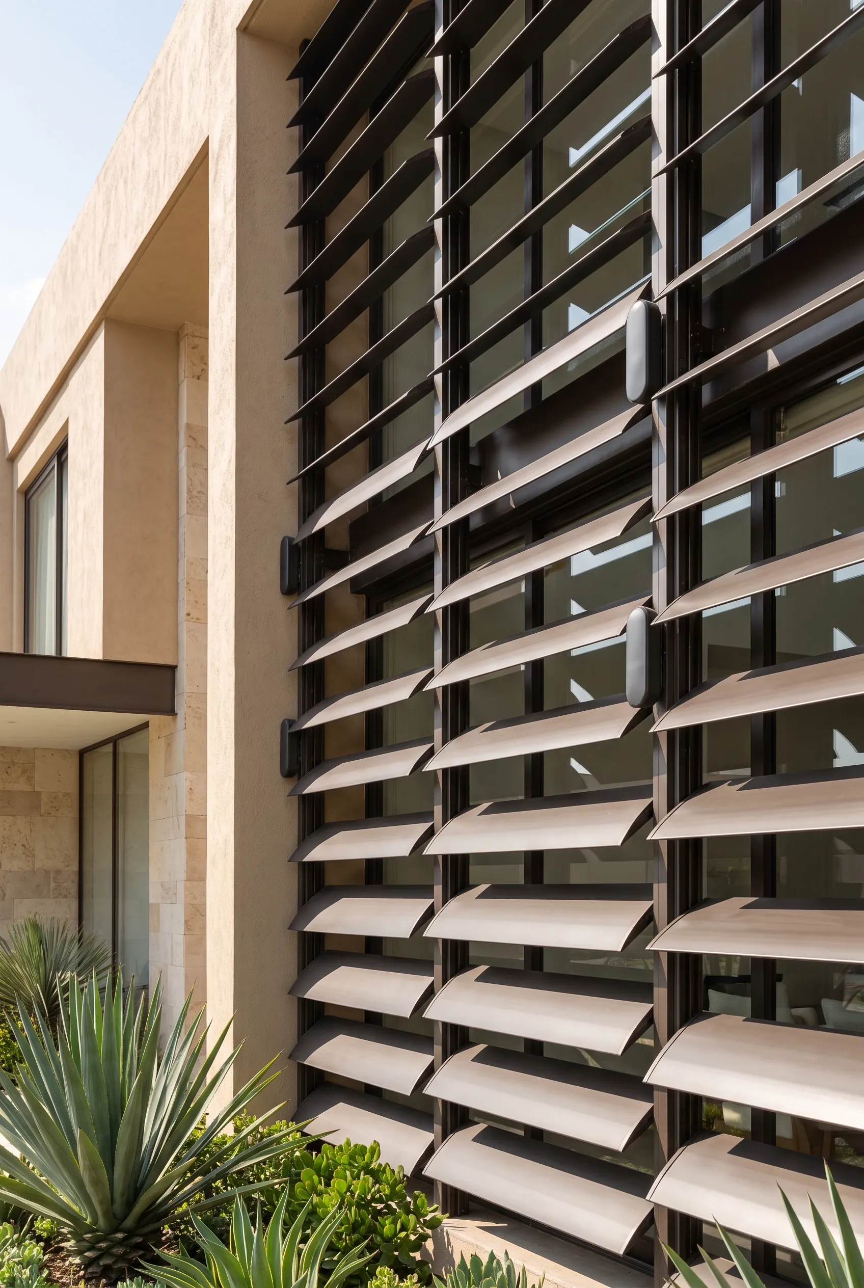 Vista exterior de fachada moderna con louvers motorizados o brise-soleil sobre grandes ventanales de vidrio, control solar inteligente de RBA Residences en Zapopan.