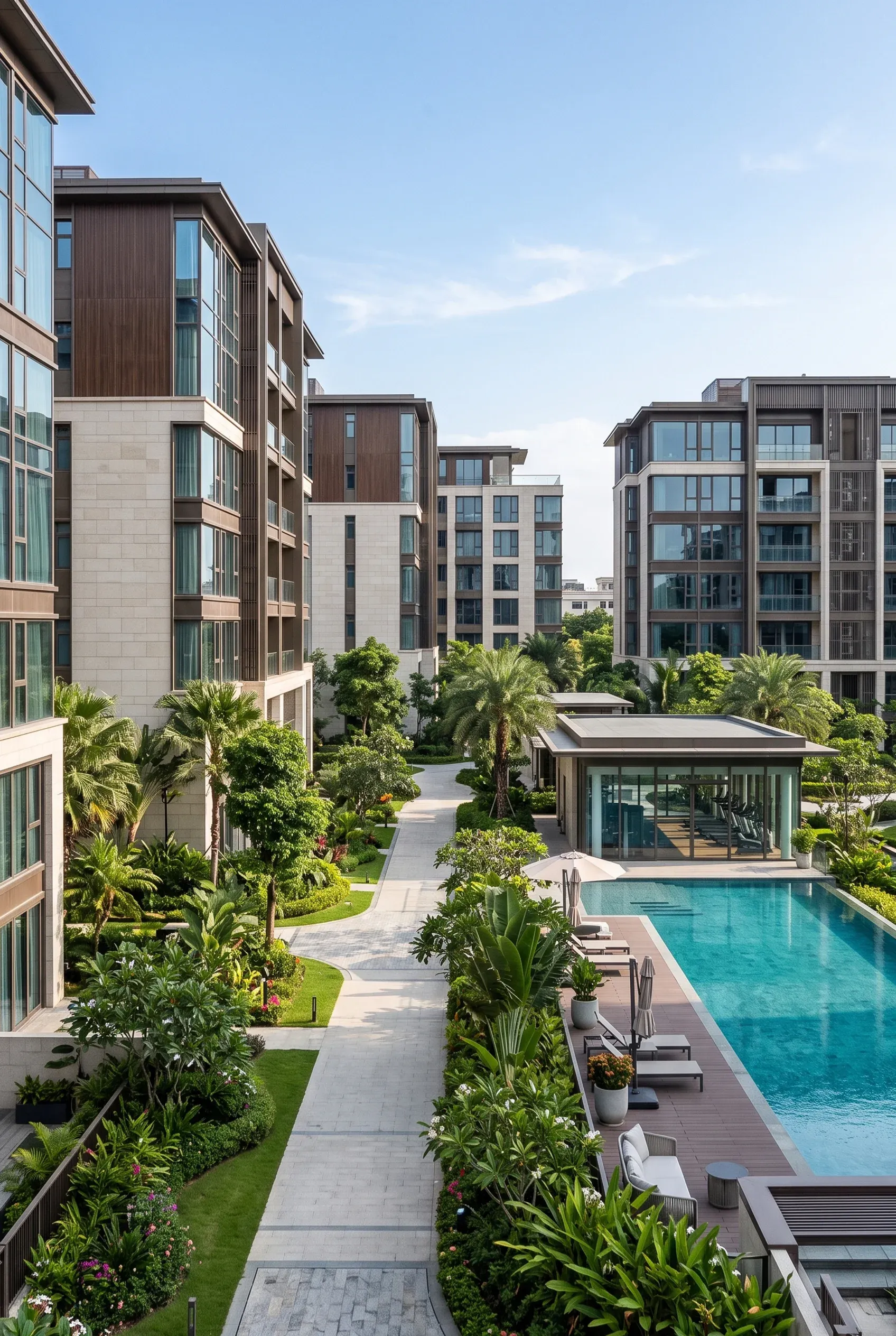 Vista en ángulo alto de complejo residencial de condominios de lujo con edificios de mediana altura, senderos peatonales con jardines paisajistas y alberca exterior con tumbonas, diseño de condominios de RBA Residences en Zapopan.