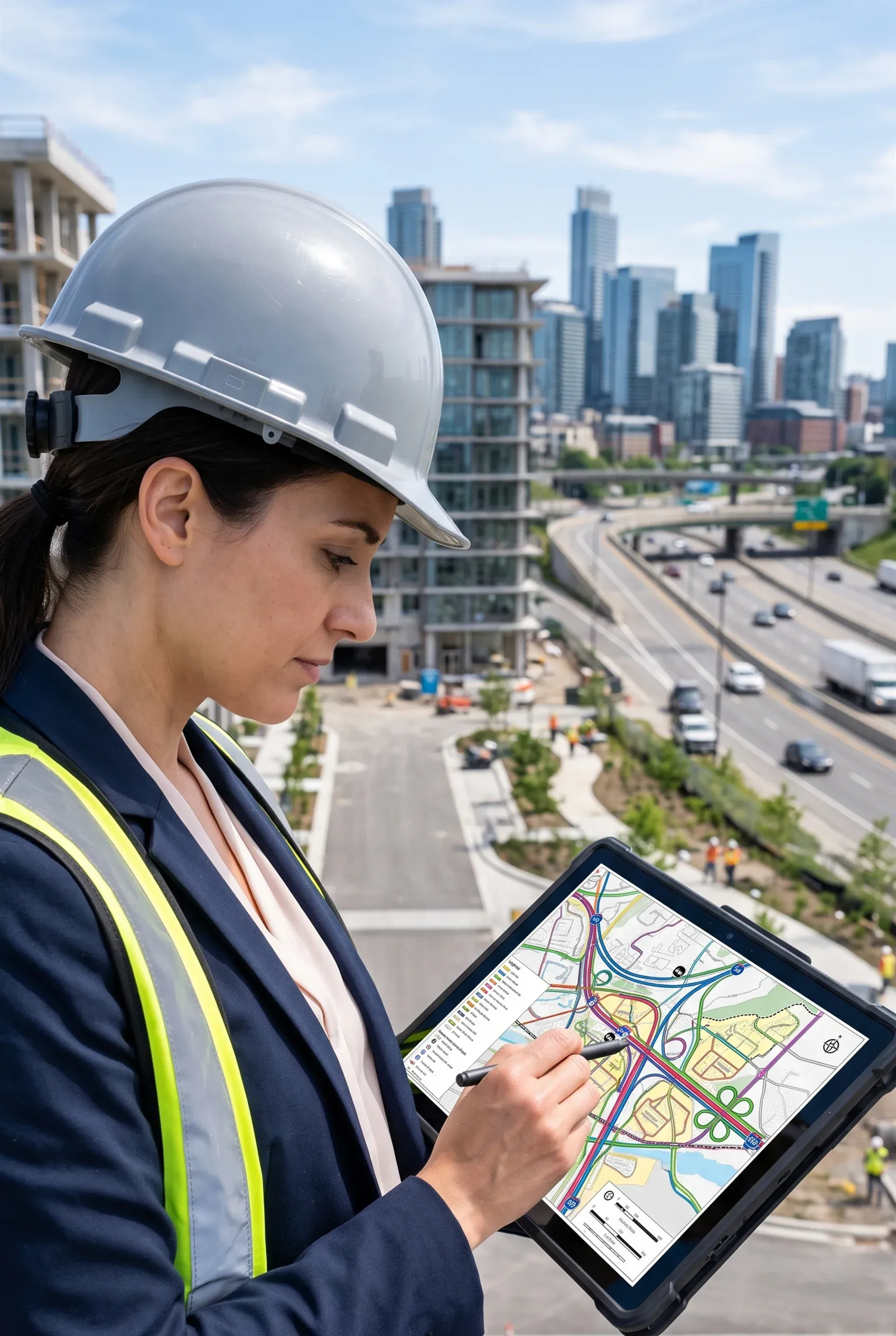 Ingeniero civil o gerente de proyecto con casco y chaleco de alta visibilidad usando un lápiz óptico en una tableta digital con mapa GIS y diseño de autopista, con sitio de construcción urbano, intercambio vial y horizonte de la ciudad al fondo, planificación de infraestructura de RBA Residences en Zapopan.