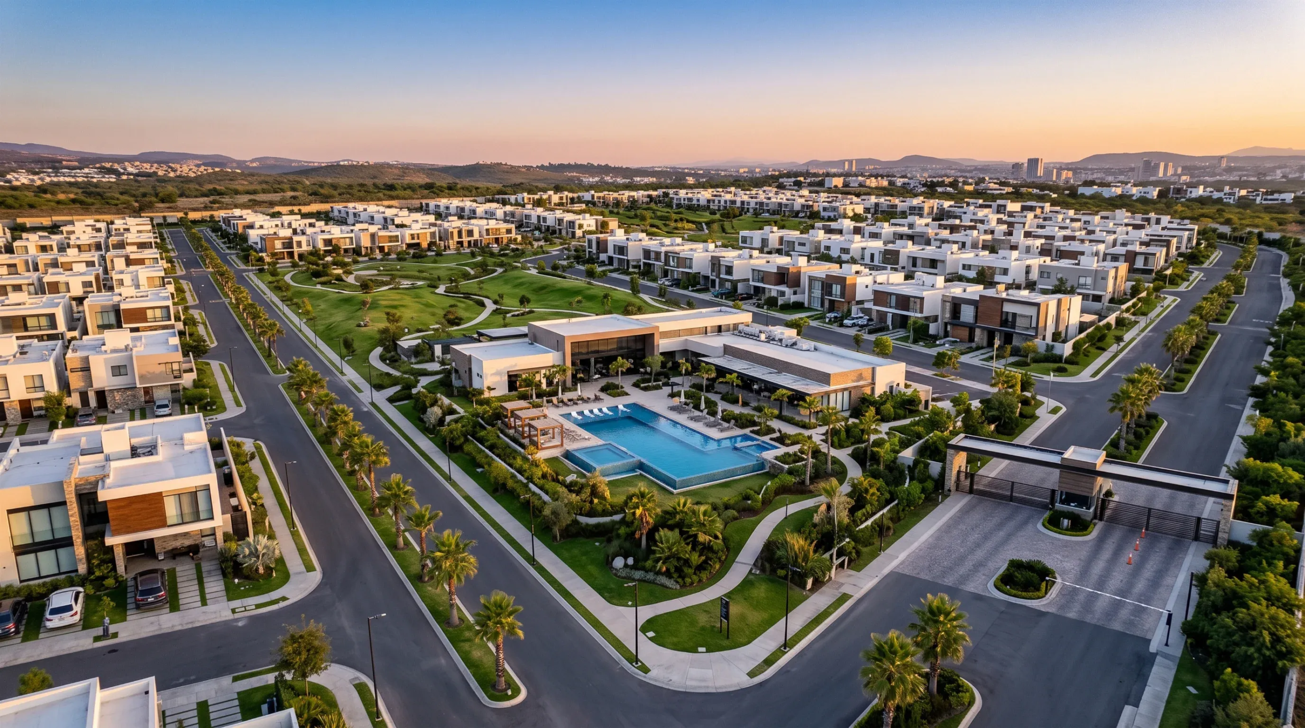 Vista aérea de comunidad residencial de lujo planificada al atardecer, con casas modernas blancas, club house central con alberca y parque, calles arboladas y pavillón de entrada, colinas y horizonte urbano al fondo, desarrollo integral de RBA Residences en Zapopan.
