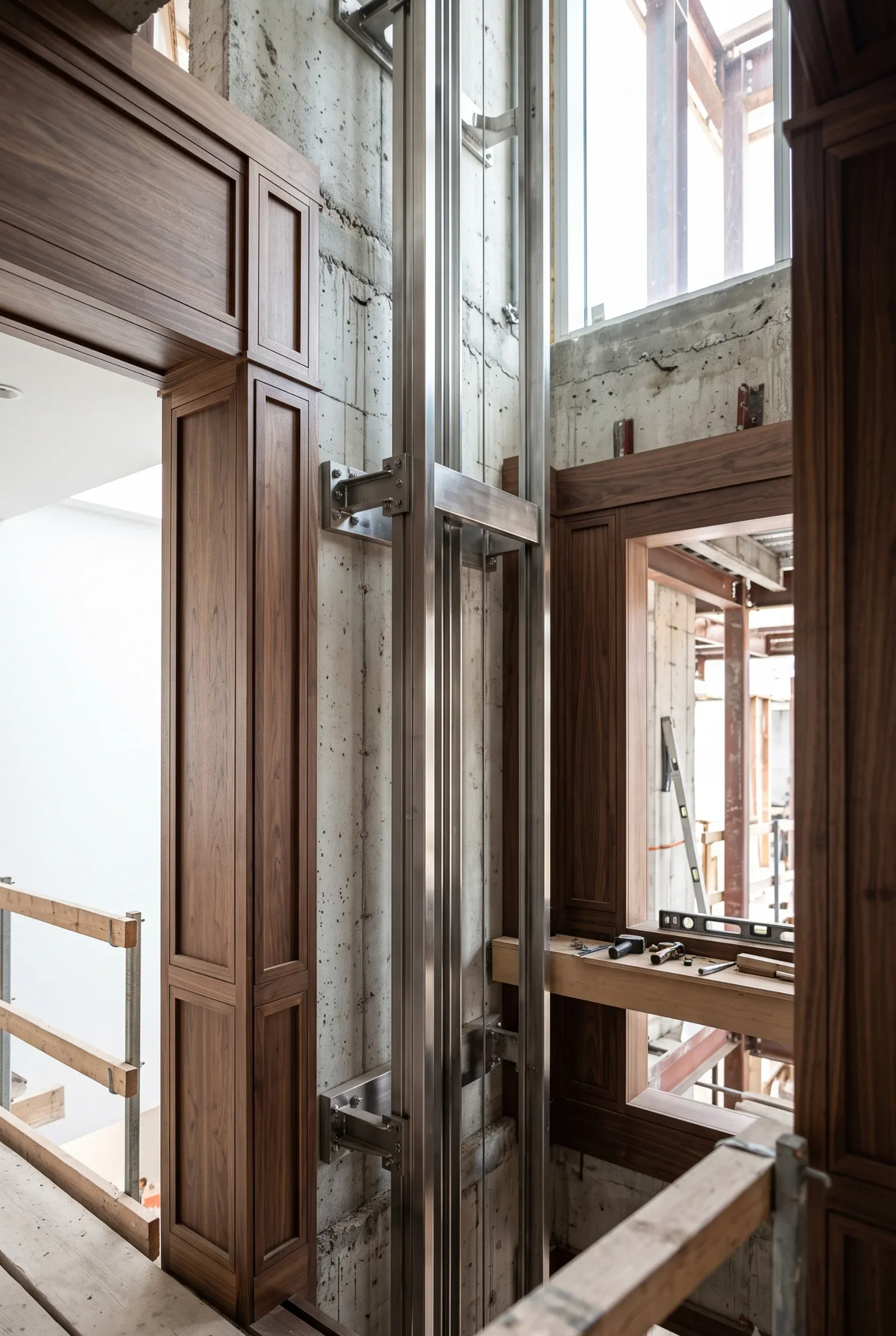 Instalación de elevador residencial con paneles de madera a medida, muro de concreto aparente y rieles de acero, ingeniería vertical de RBA Residences en Zapopan.