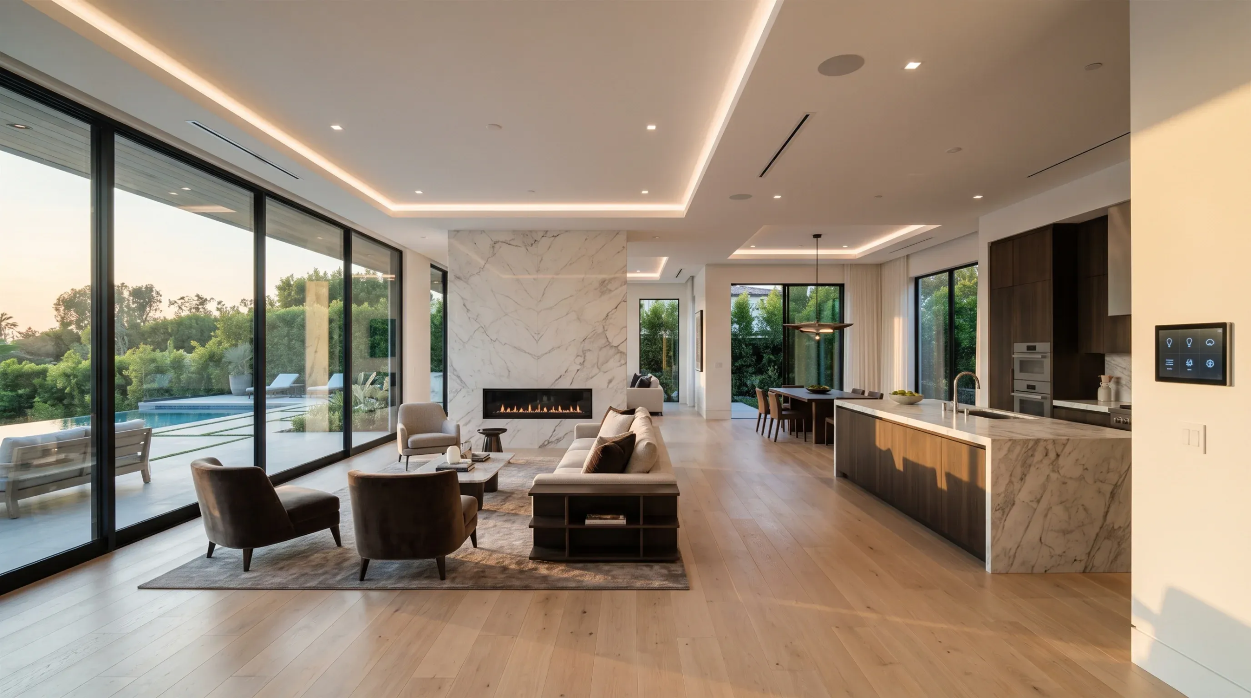 Espacio abierto de lujo moderno con iluminación LED empotrada, chimenea lineal en muro de mármol, puertas de vidrio hacia alberca y cocina con isla de mármol tipo cascada, diseño atmosférico de RBA Residences en Zapopan.