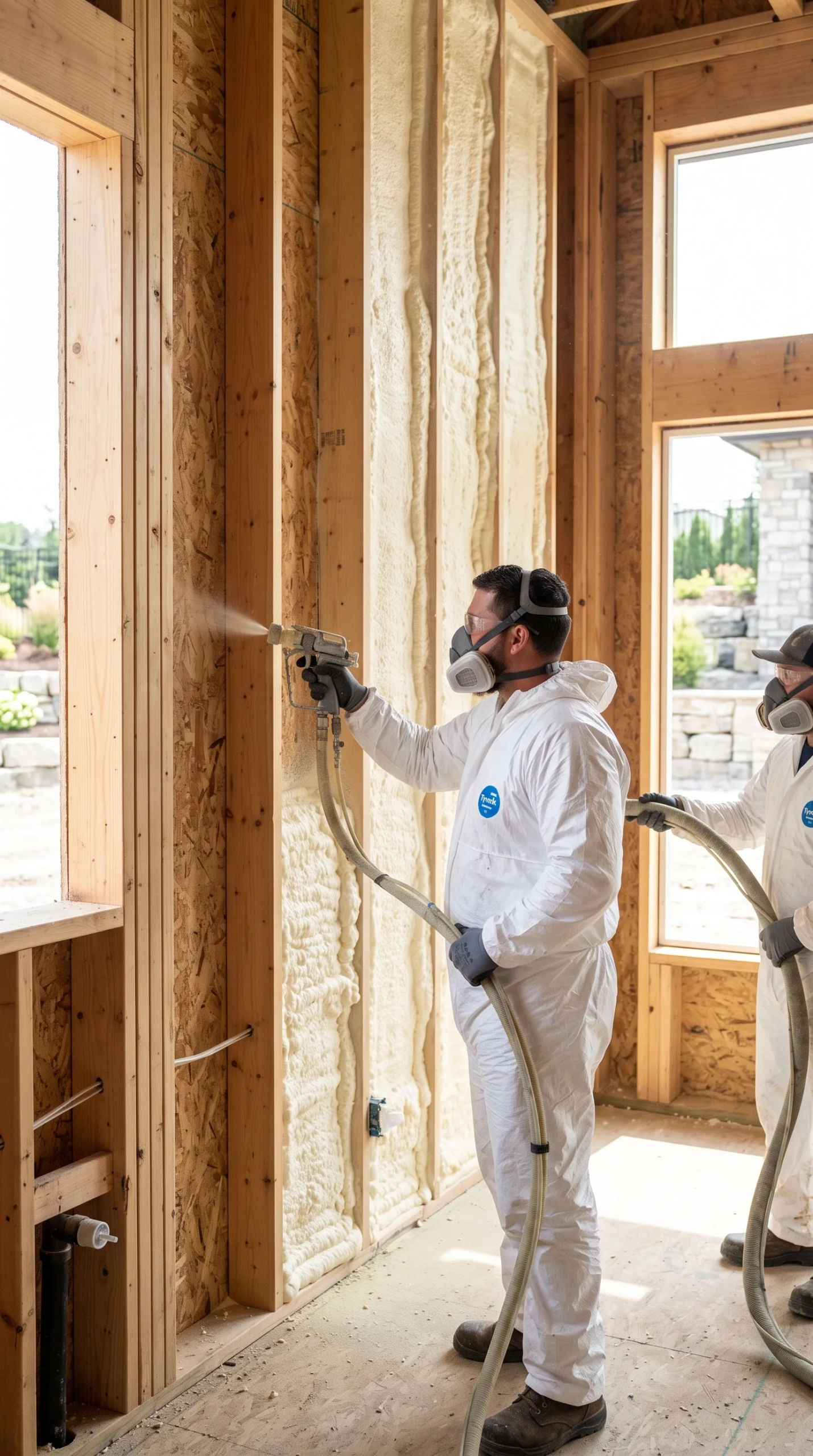Técnico de aislamiento con traje protector blanco, mascarilla respiratoria y gafas de seguridad aplicando espuma de poliuretano expansiva entre montantes de madera expuestos en una estructura residencial, aislamiento de alto rendimiento de RBA Residences en Zapopan.
