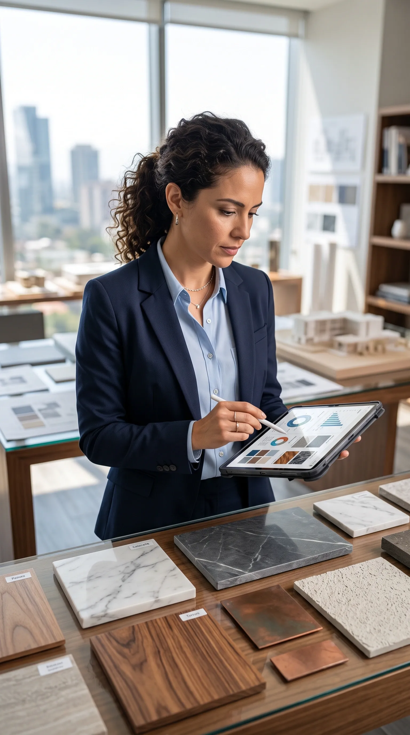 Arquitecto profesional de pie en un banco de trabajo de vidrio en un estudio de rascacielos, usando un lápiz digital en una tableta para revisar tableros de inspiración y análisis sobre muestras de mármol pulido, maderas nobles, cobre y piedra texturizada, con rascacielos al fondo, visión de diseño de RBA Residences en Zapopan.