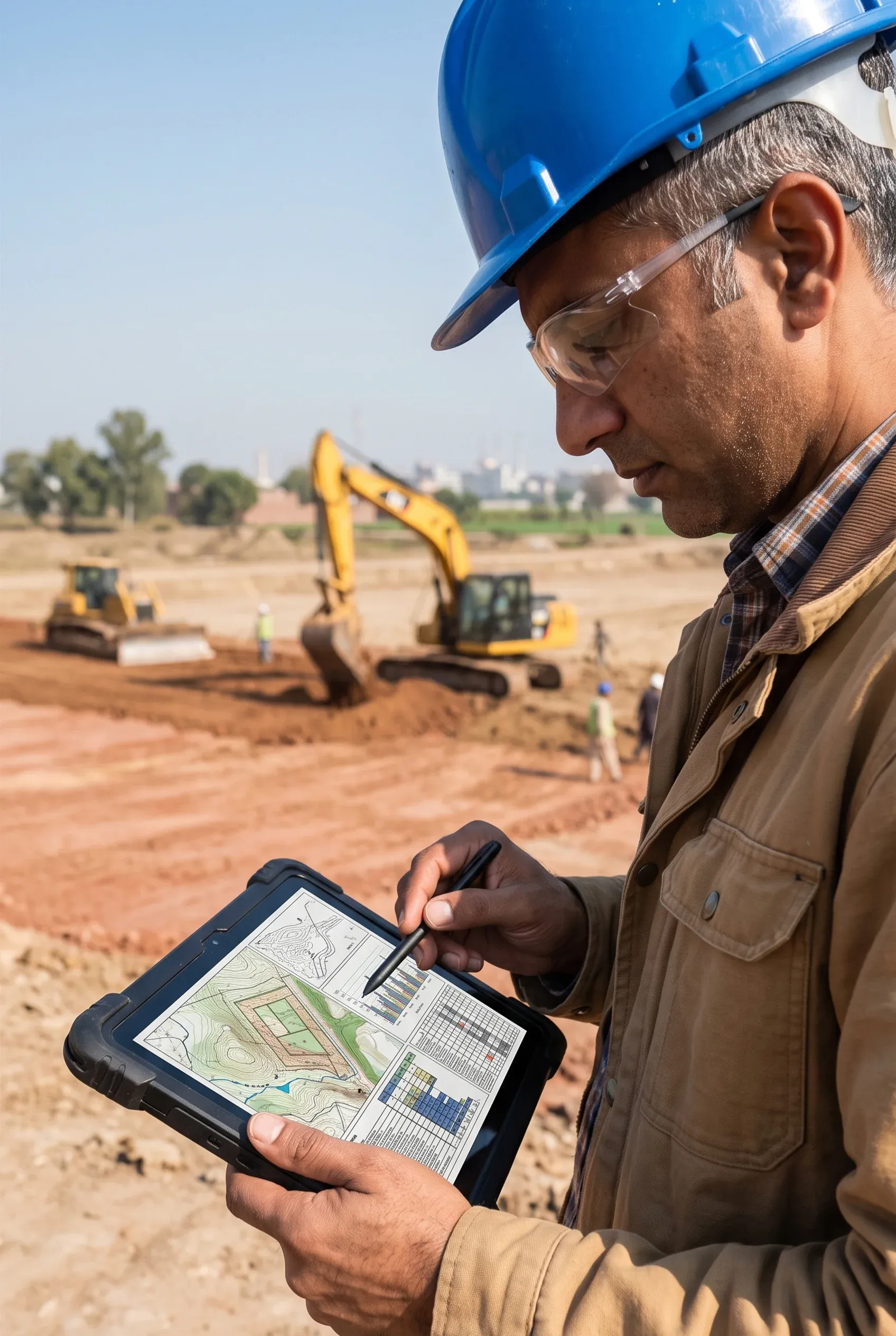 Ingeniero revisando planos del sitio y datos de excavación en una tableta digital dentro de una obra activa, preparación topográfica de RBA Residences en Zapopan.