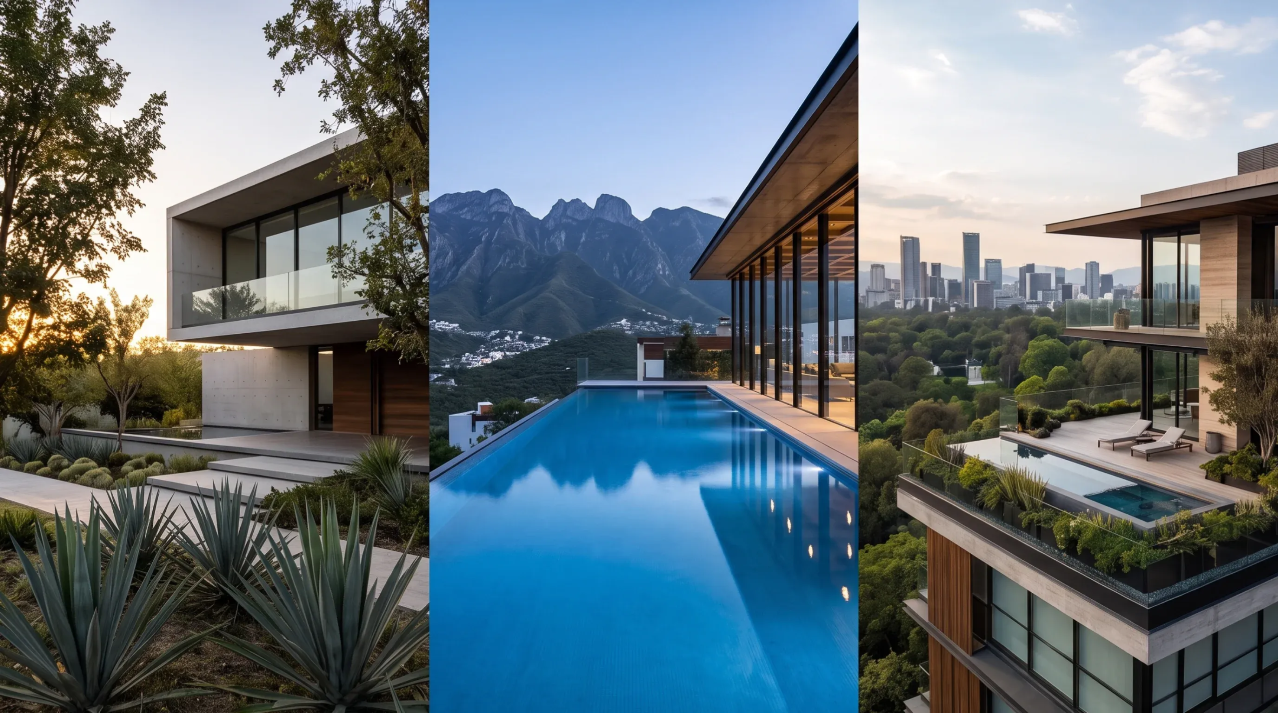 Tríptico de tres vistas de lujo: entrada con jardín paisajista, alberca infinita con vista a montañas y terraza en azotea con alberca privada frente al horizonte urbano, experiencias diversas de RBA Residences en Zapopan.